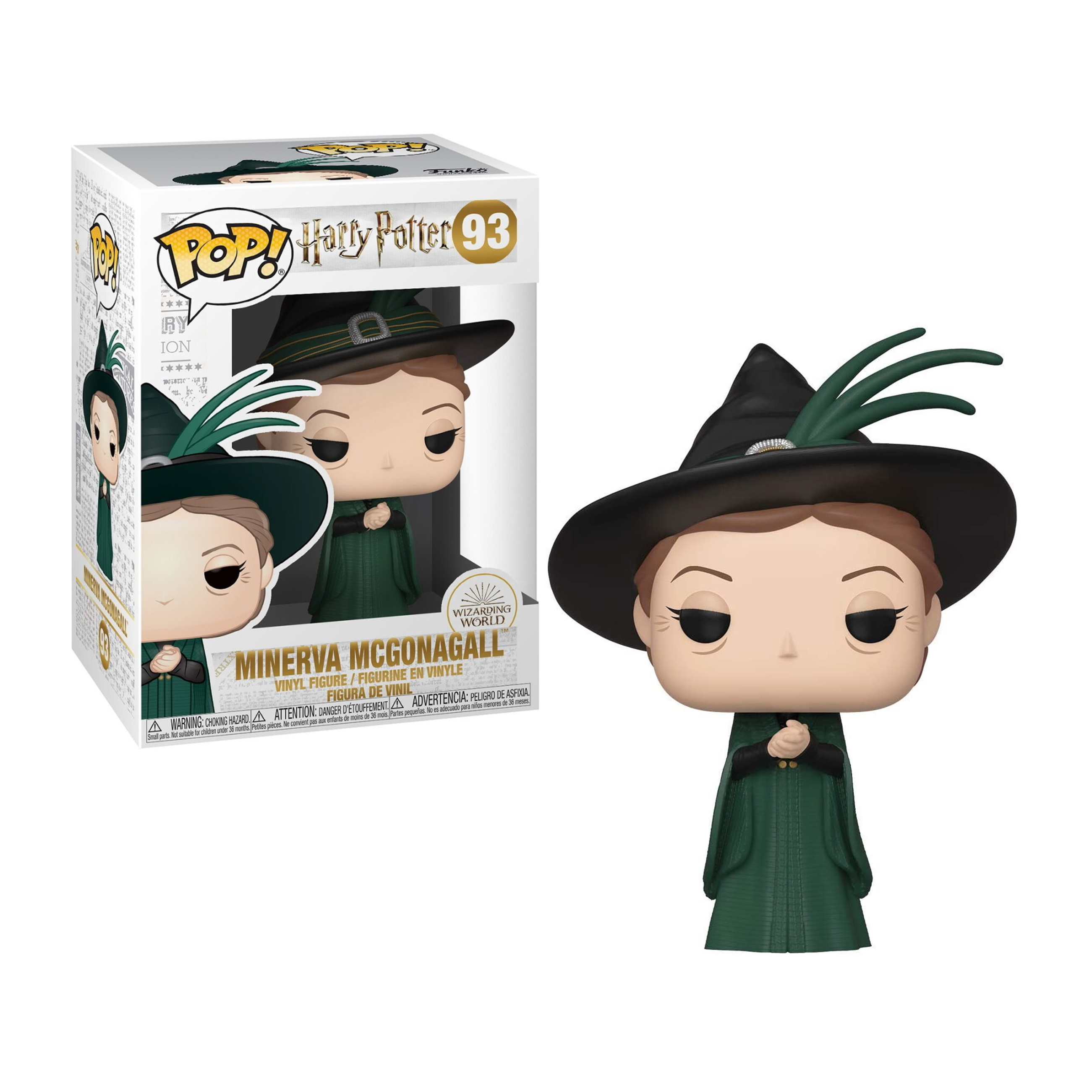 Figura Funko Pop di Minerva McGonagall in abito verde, cappello nero e scatola.