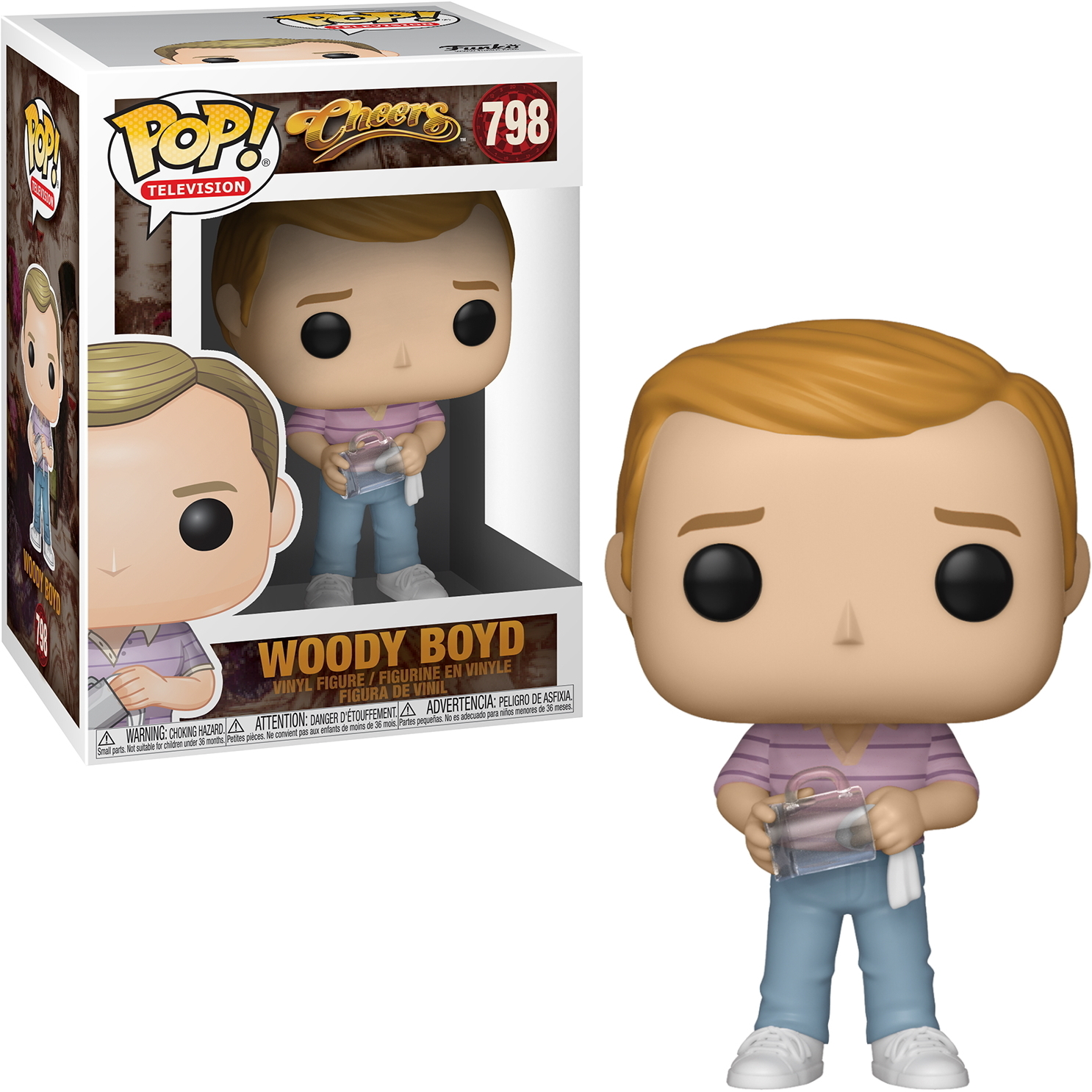 Funko Pop-Figur und -Box von Woody Boyd aus Cheers. Er hält einen Getränkebehälter.