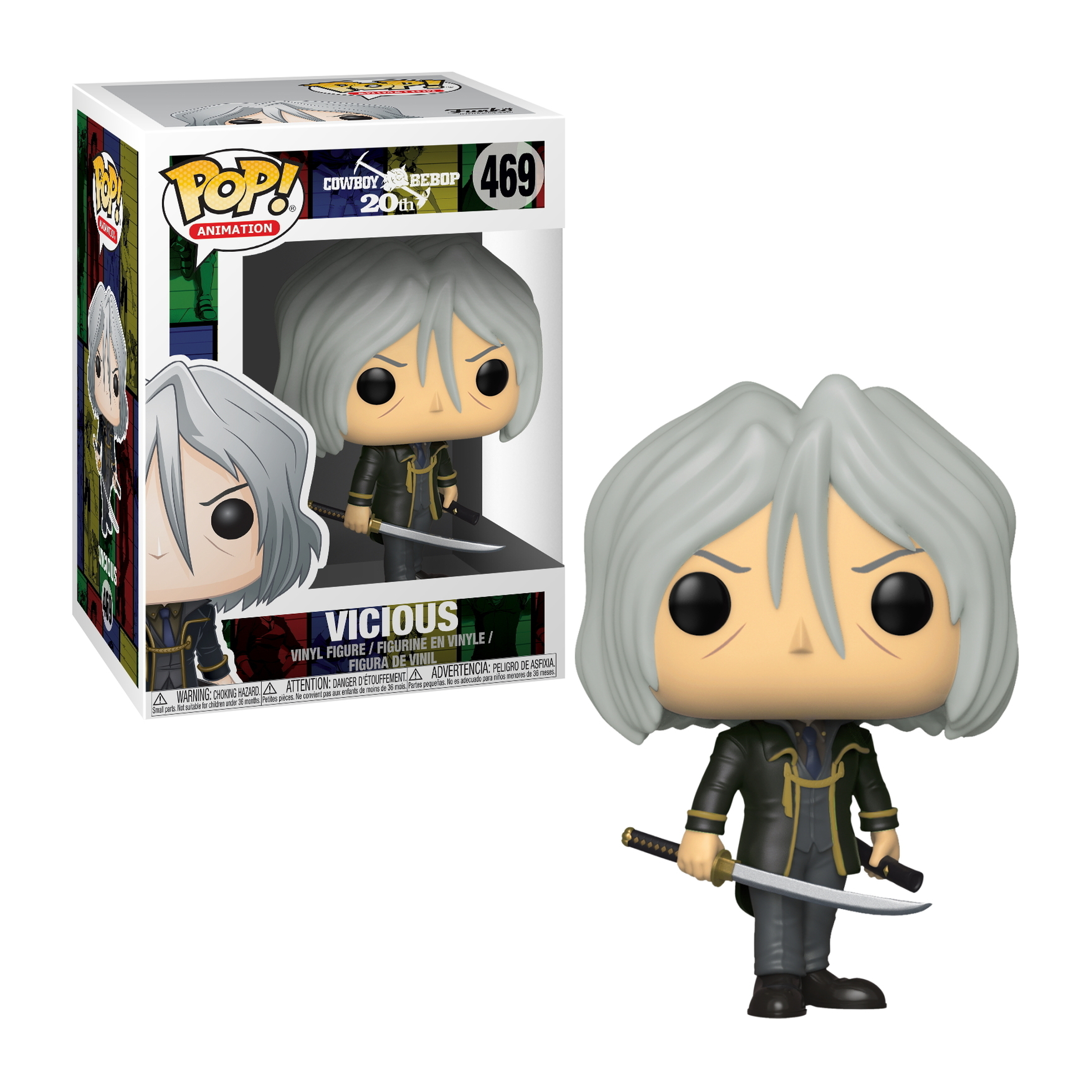 Vicious aus Cowboy Bebop Funko Pop Figur mit grauen Haaren, hält ein Schwert und eine Box.
