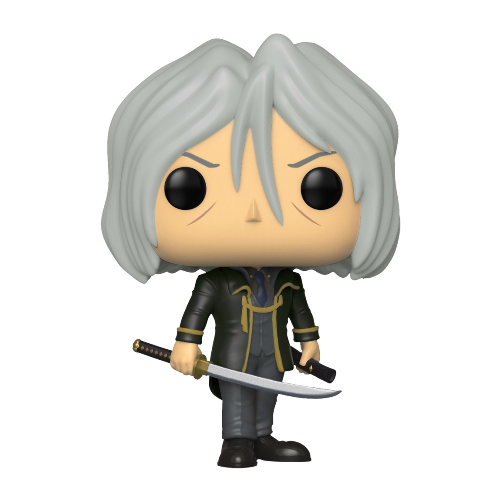 Eine Funko Pop Figur einer Figur mit weißem Haar, einem schwarzen Mantel und einem Katana.