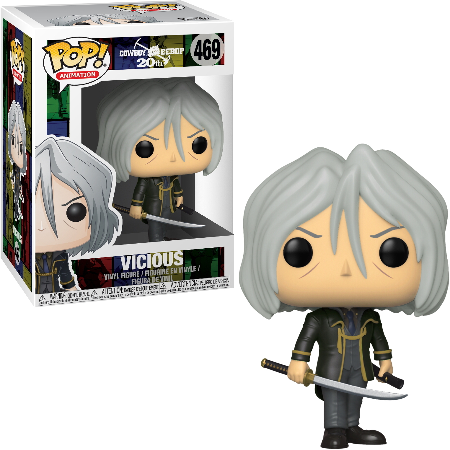 Vicious Figur hält zwei Schwerter, in einer Box von Cowboy Bebop.