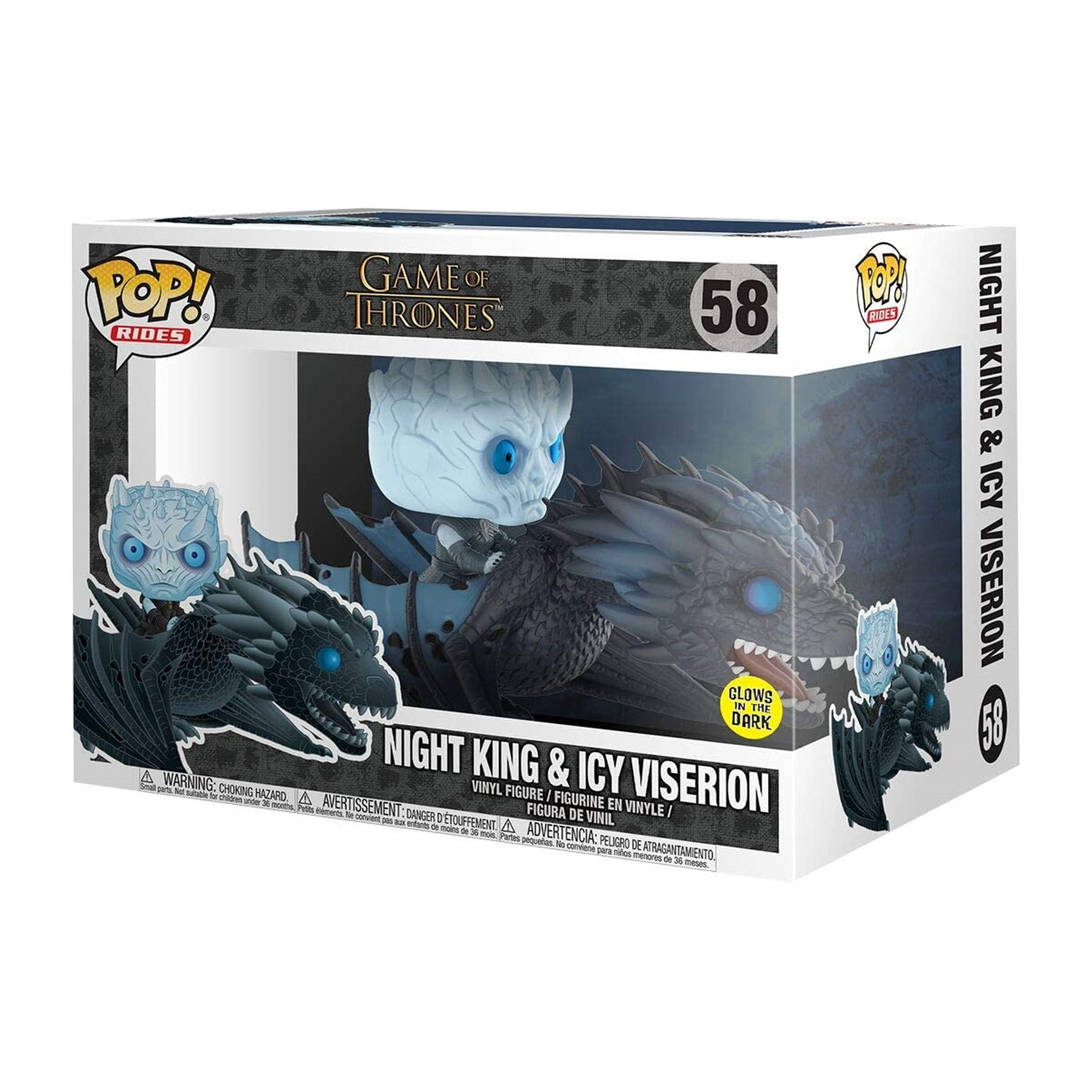Night King & Icy Viserion Pop-Figur in der Box. Die Figur befindet sich auf einem Drachen in einer Winterszene.