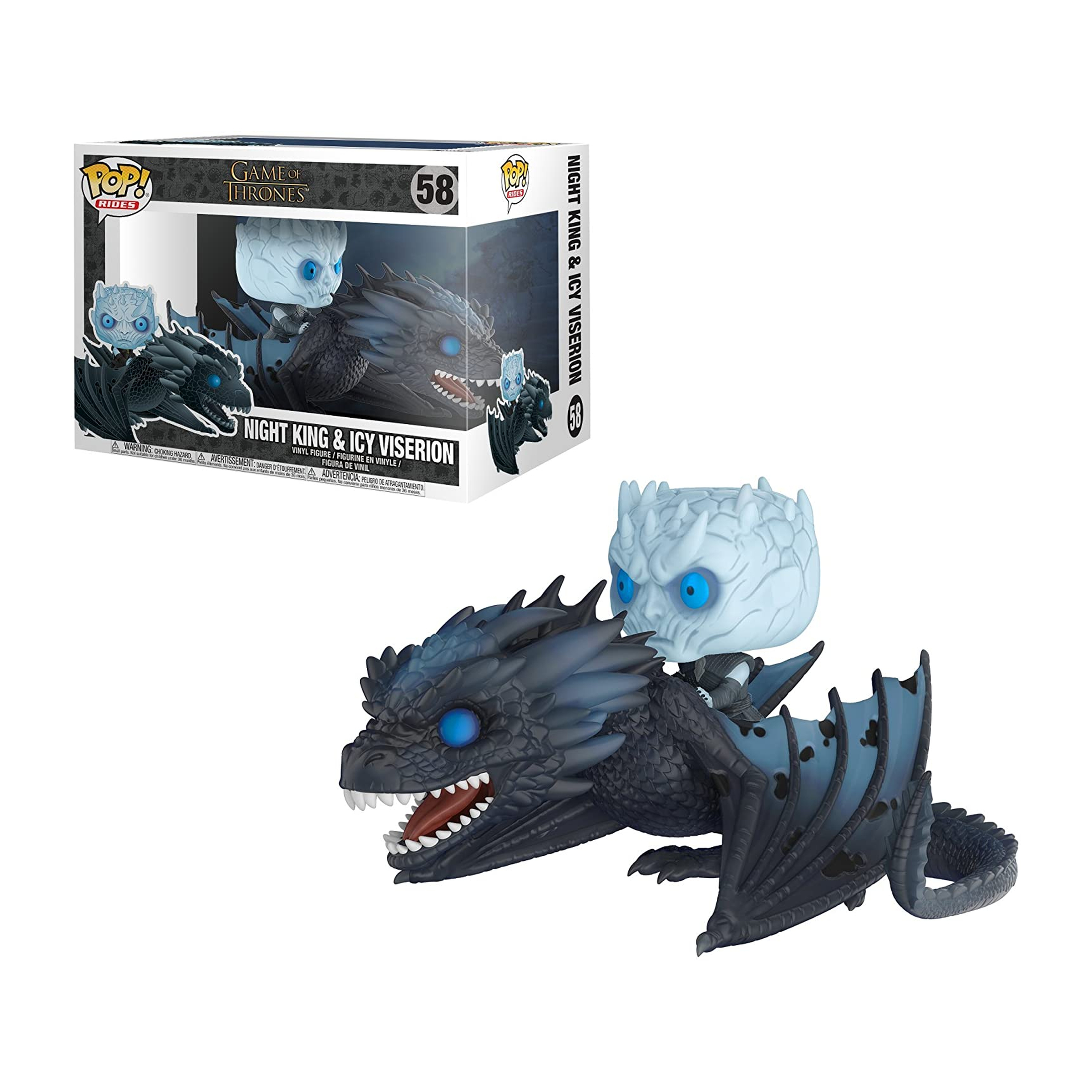 Night King und Icy Viserion Funko Pop Figur. Der Night King reitet Viserion, einen blauen Drachen.