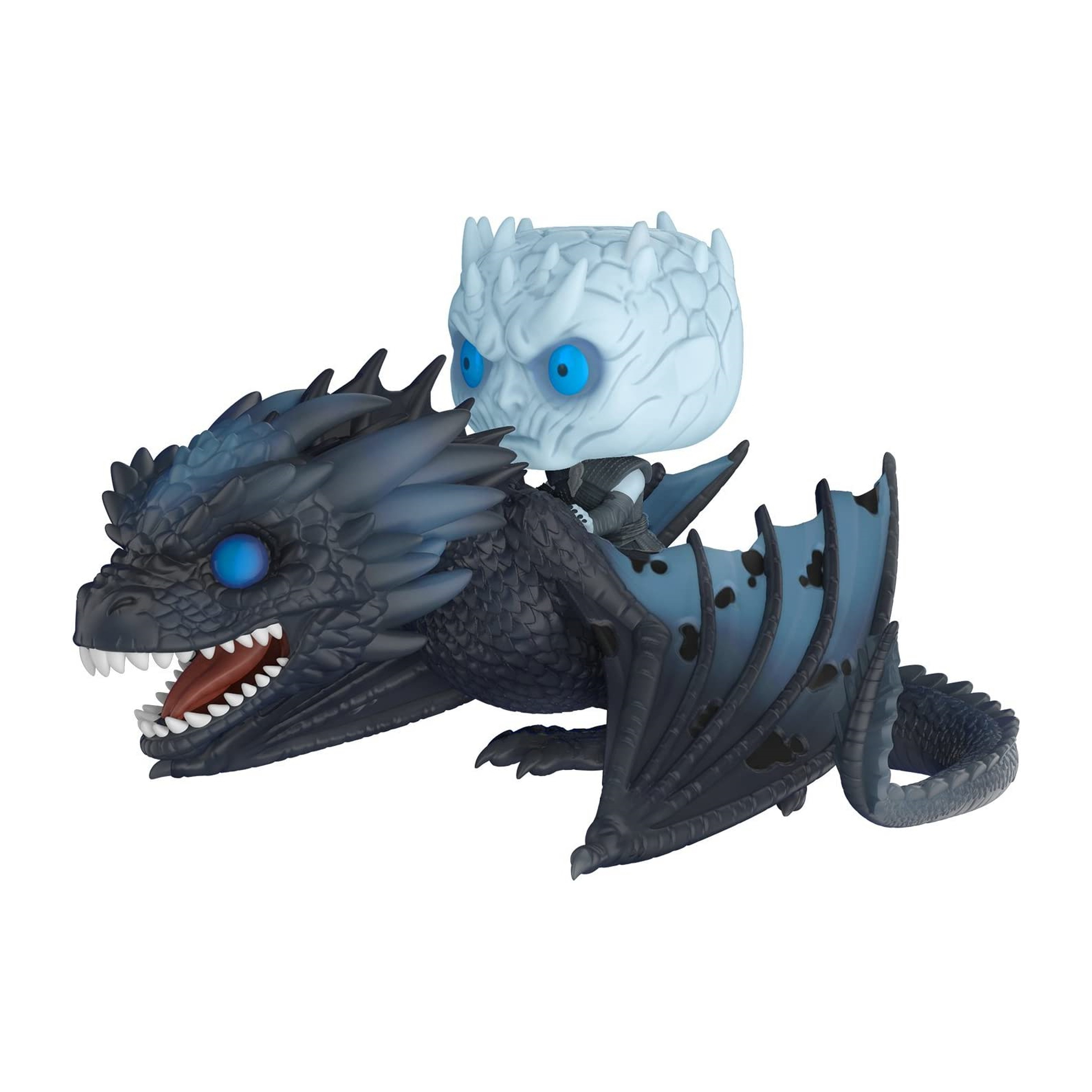 Funko Pop eines Drachen und eines Nachtkönigs. Der Drache ist schwarz, der Nachtkönig weiß.