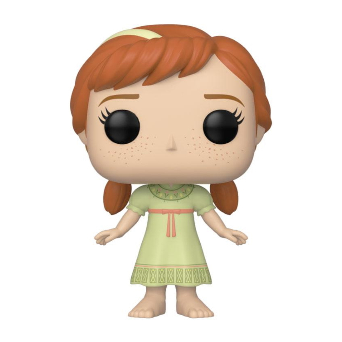 Una figura Funko Pop di una ragazza con i capelli rossi, che indossa un vestito verde, ha occhi neri e lentiggini.