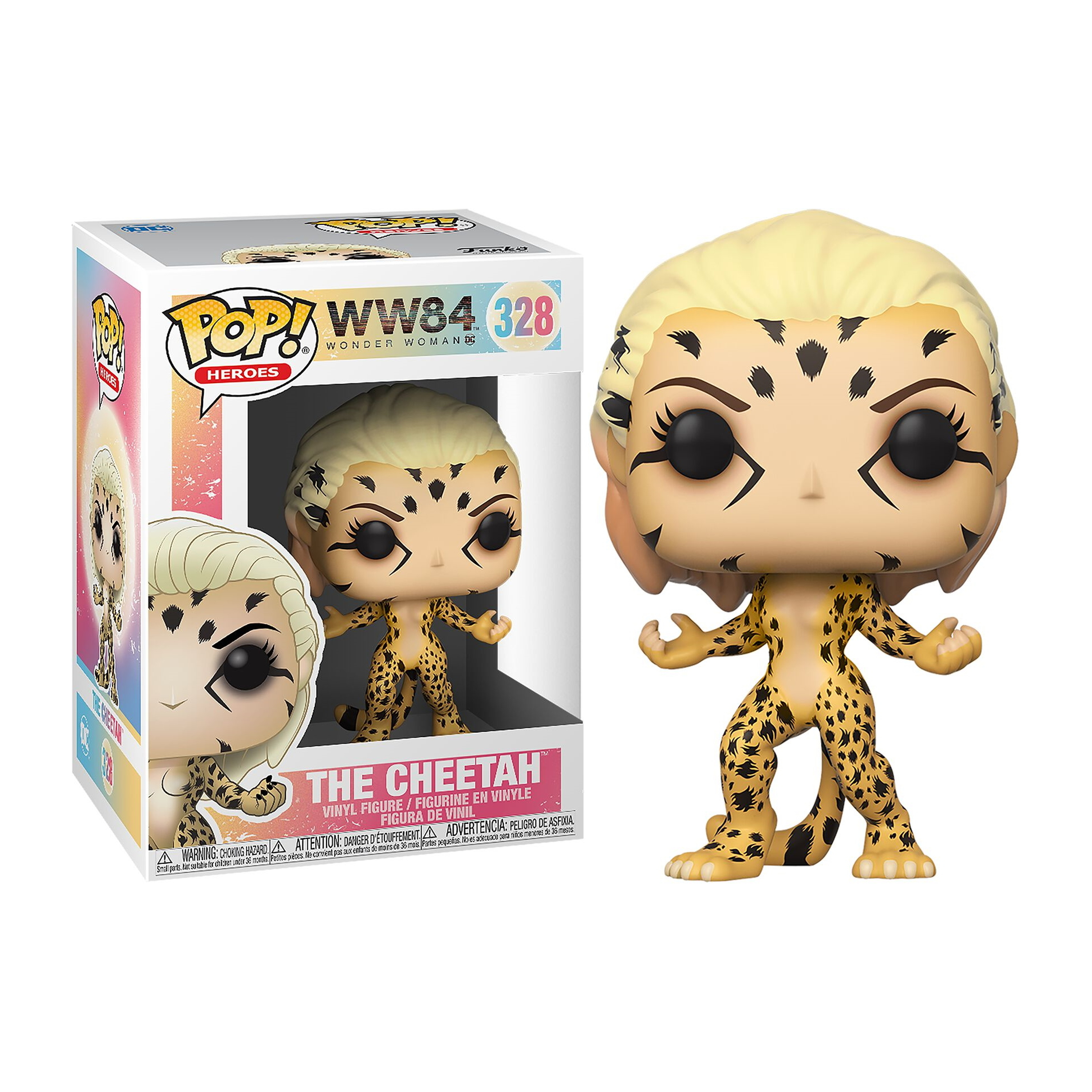 Funko Pop von Cheetah, einem Wonder Woman-Bösewicht. Sie hat blondes Haar mit Gepardenflecken und einen gelben Anzug.