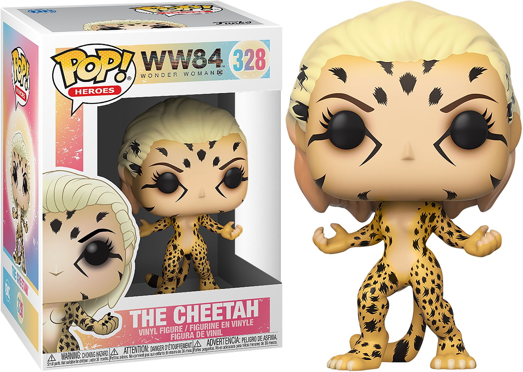 Eine Funko Pop-Figur von The Cheetah in einer Box. Die Figur hat ein cheetahartiges Aussehen.