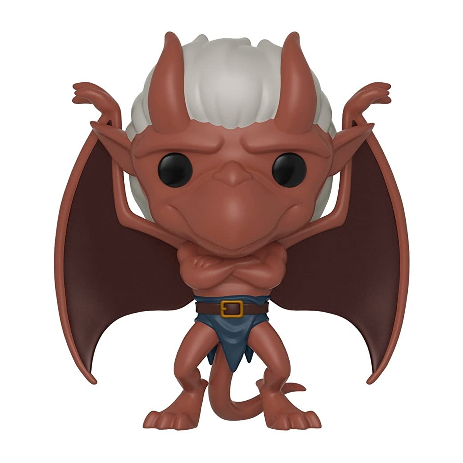 Figurka Demona Gargoyles Funko Pop. Czerwona, z białymi włosami i dużymi skrzydłami. Białe tło.