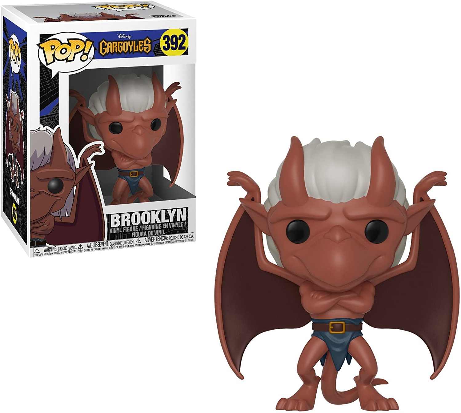 Brooklyn Funko Pop. Czerwone ciało, szare skrzydła, skrzyżowane ramiona i niebieskie szorty. Pudełko za figurką.