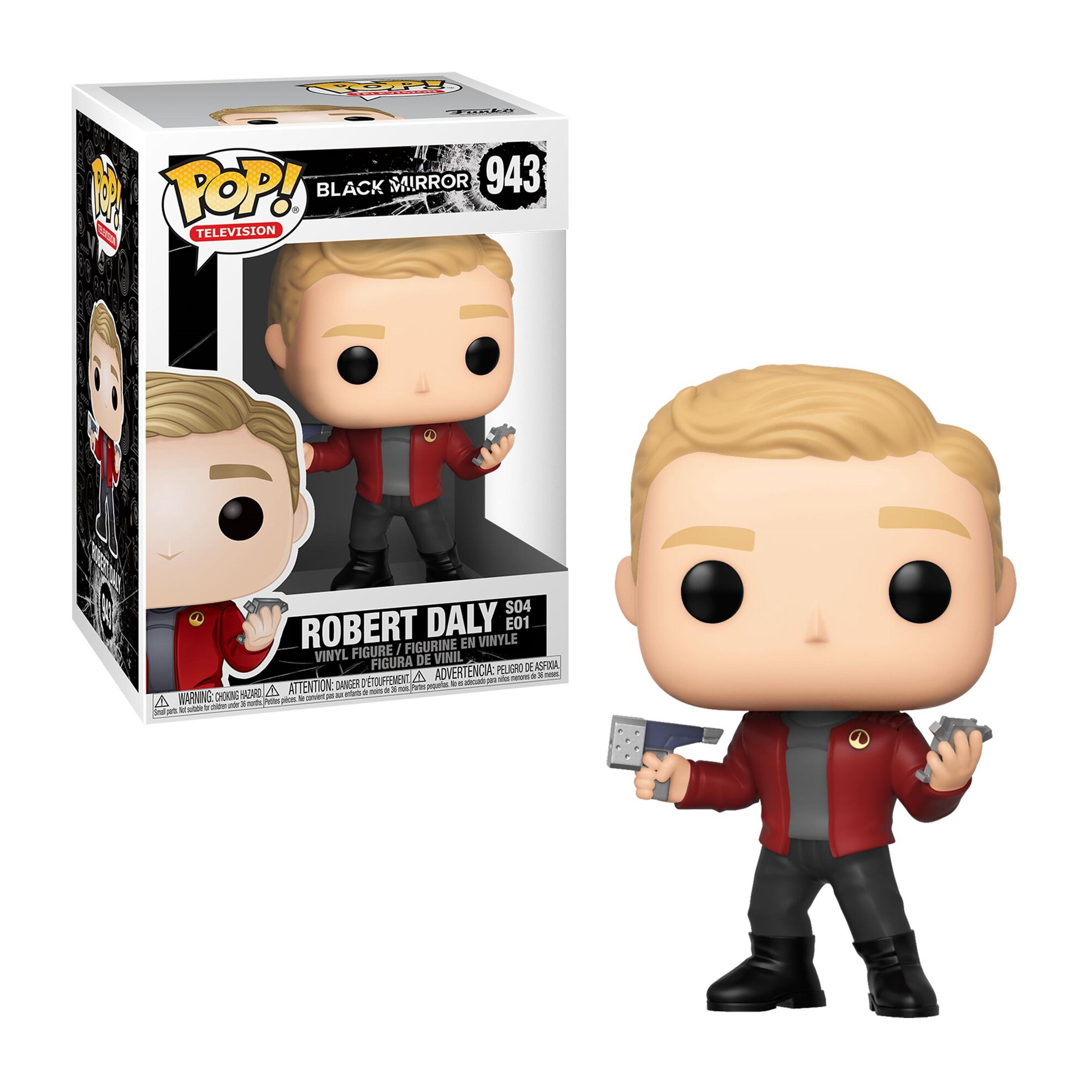 Una figura Funko Pop di Robert Daly da Black Mirror. Tiene due piccole pistole.