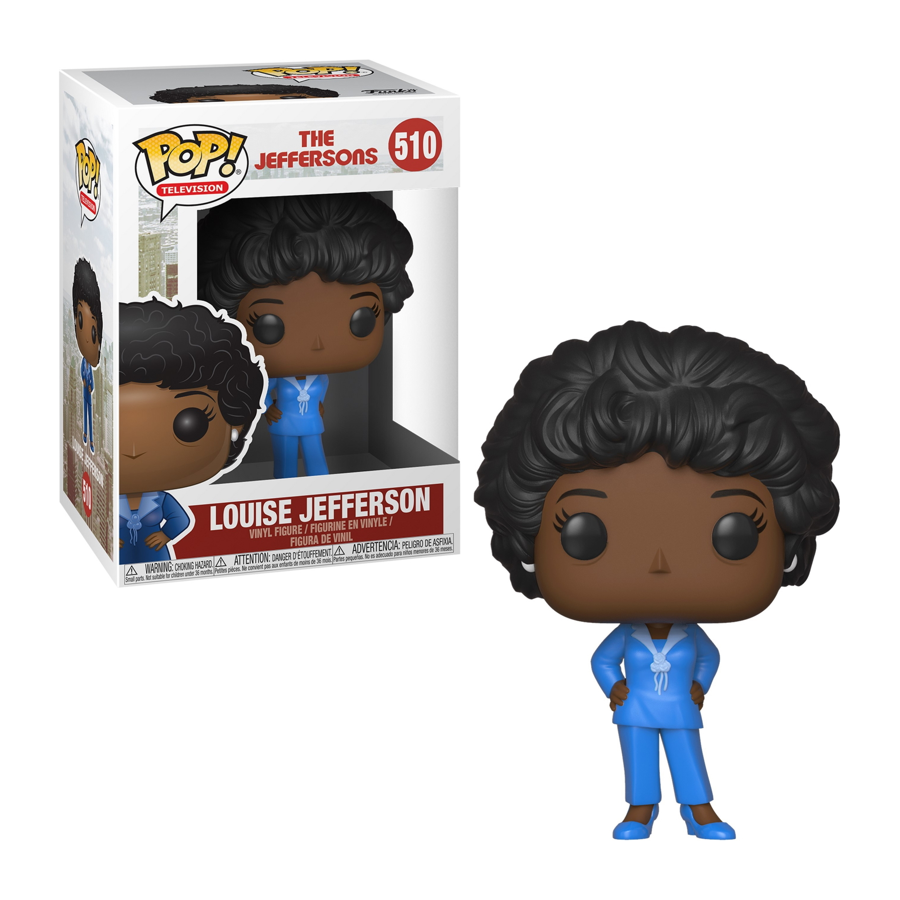 Louise Jefferson Funko Pop Figur, blauer Anzug, schwarzes Haar, stehende Pose. Boxed Version links.