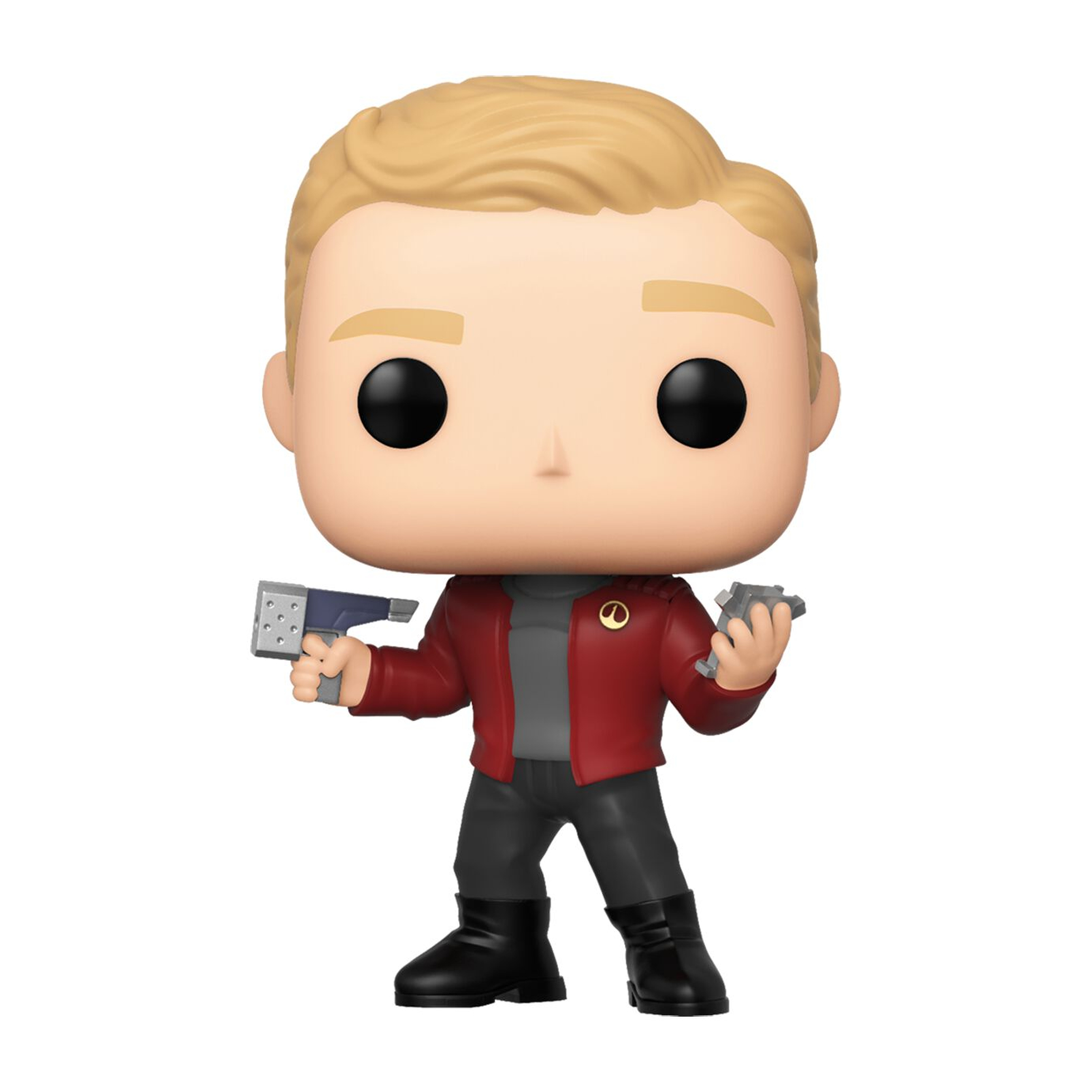 Funko Pop di Peter Quill, capelli biondi, giacca rossa, con due pistole.