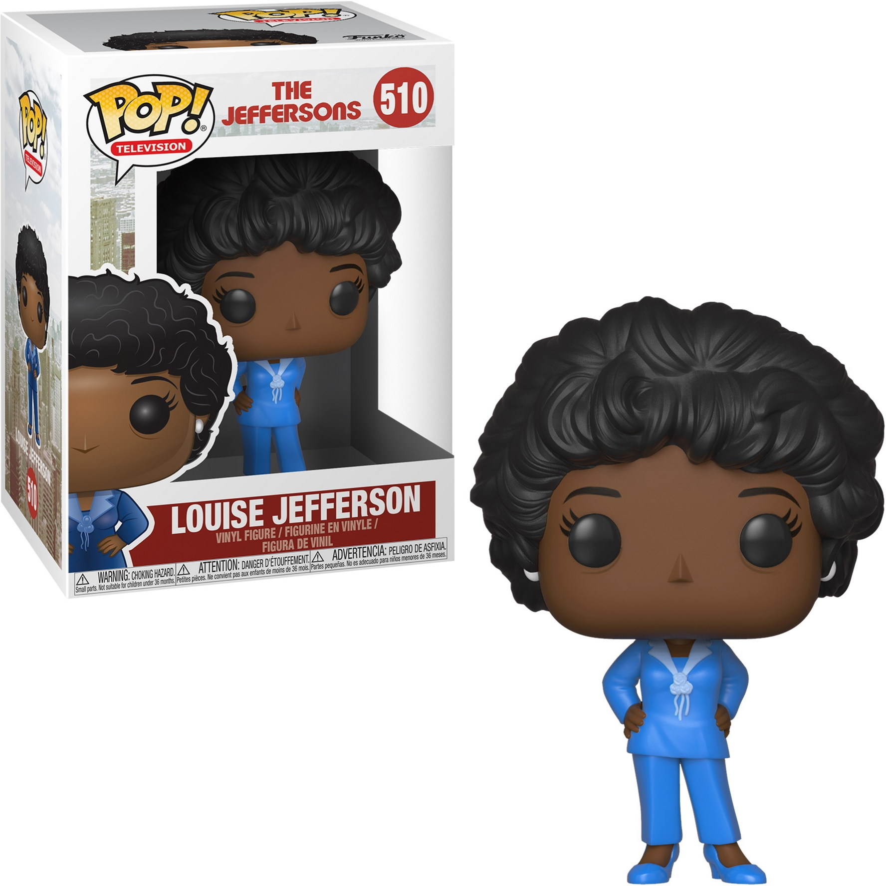 Louise Jefferson Funko Pop Figur. Die Figur trägt einen blauen Anzug, schwarzes Haar und einen ernsten Ausdruck.