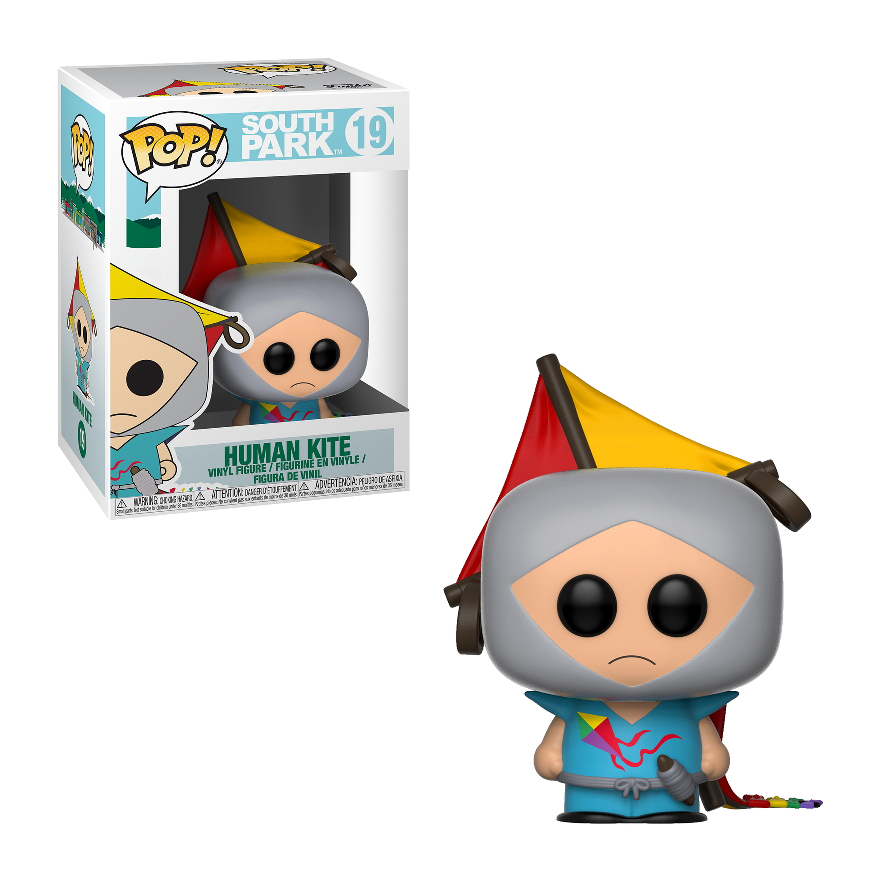 Figura di Human Kite Funko Pop, indossa un costume da aquilone, con un aquilone e una fila di perline. La scatola è mostrata.