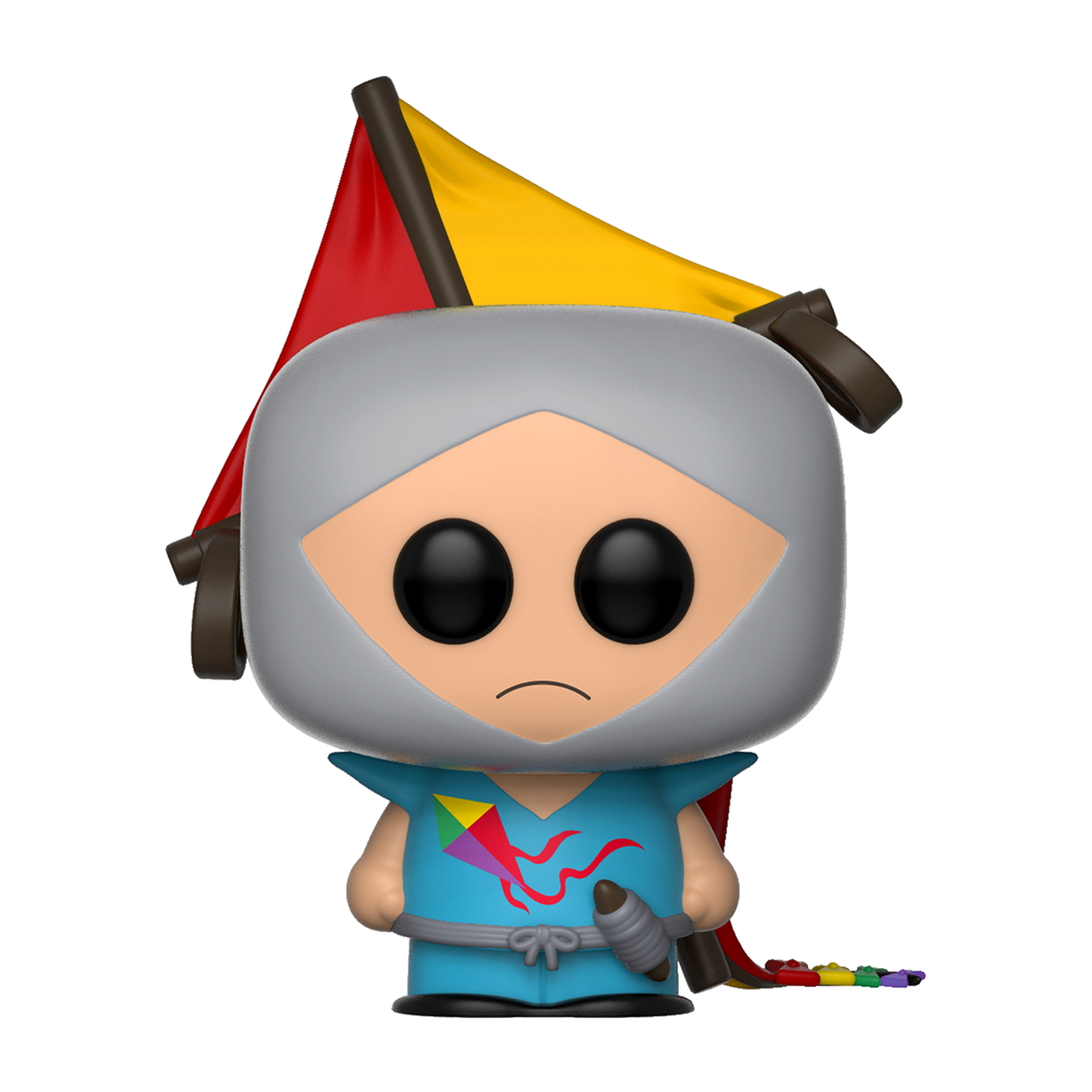 Funko Pop di un personaggio con un aquilone e una bandiera sulla testa.