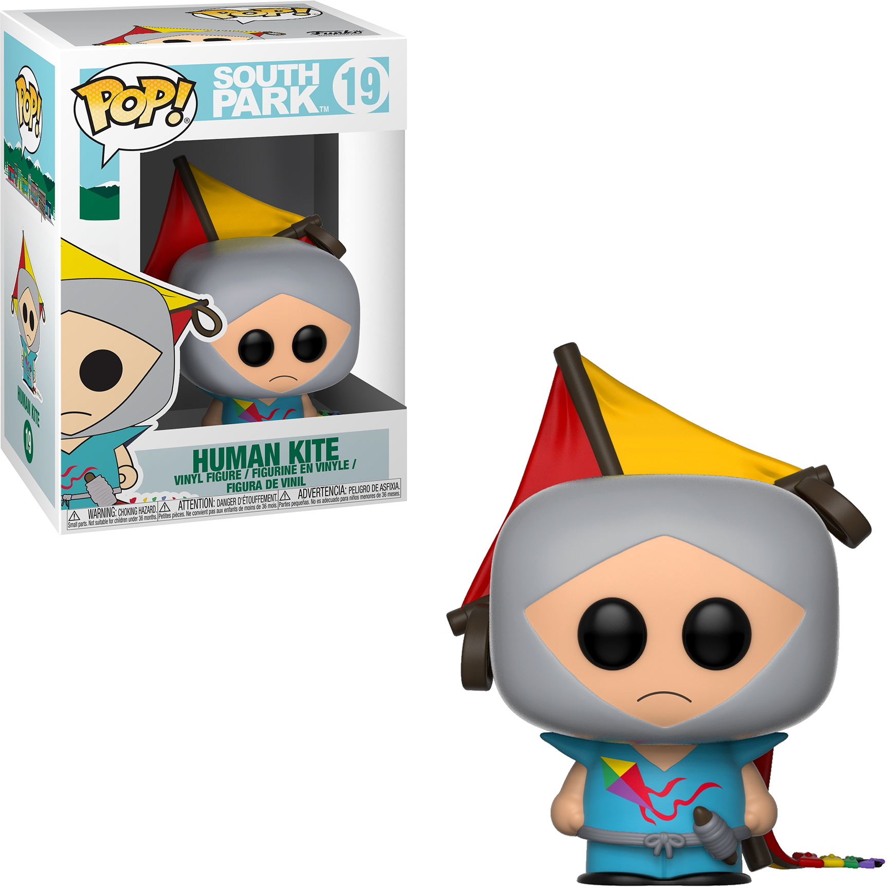 Una figura Funko Pop di Human Kite di South Park, con aquilone, scatola e sfondo visibili.