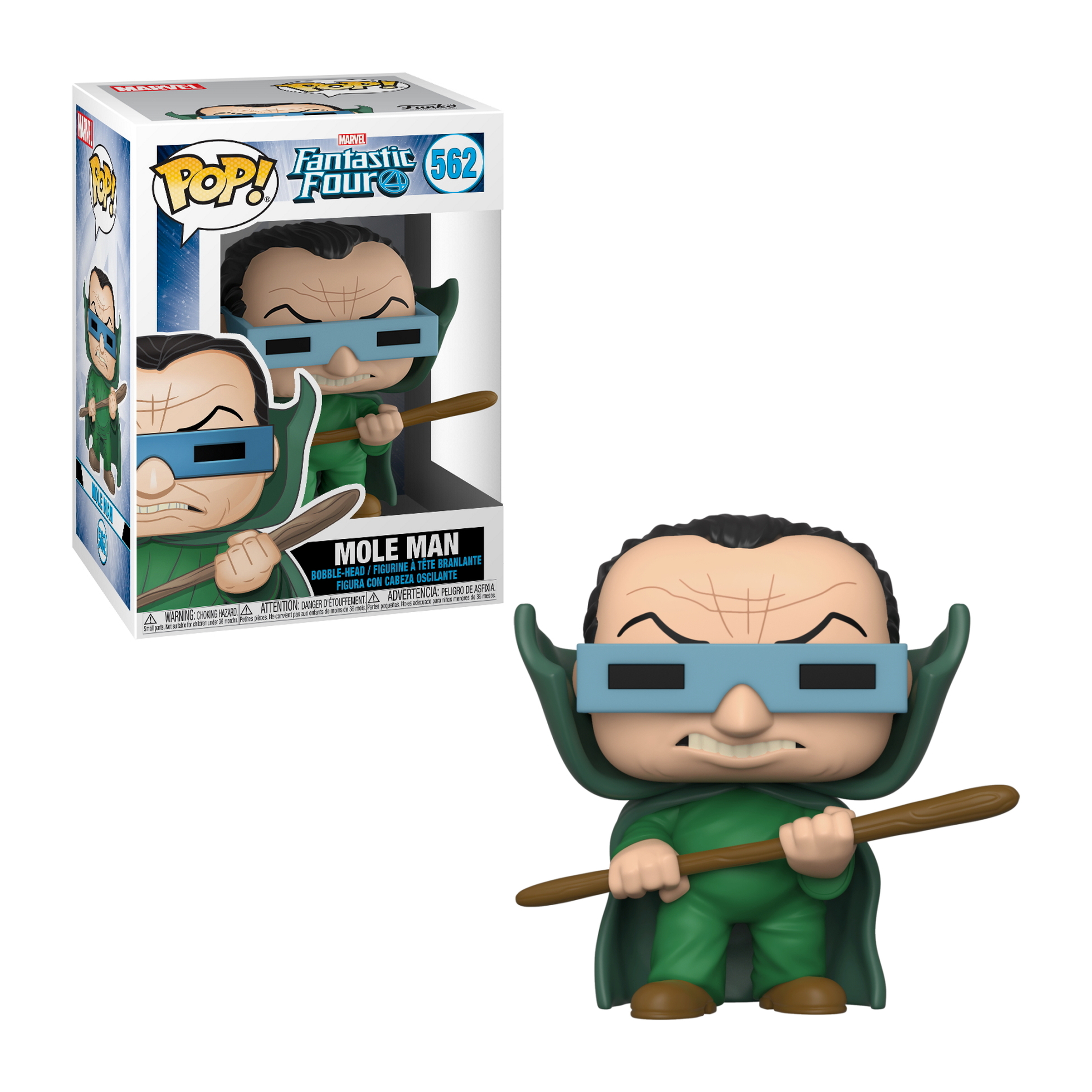 Figurka Mole Man Funko Pop. Figurka w pudełku. Ma gogle, zielony strój i laskę.