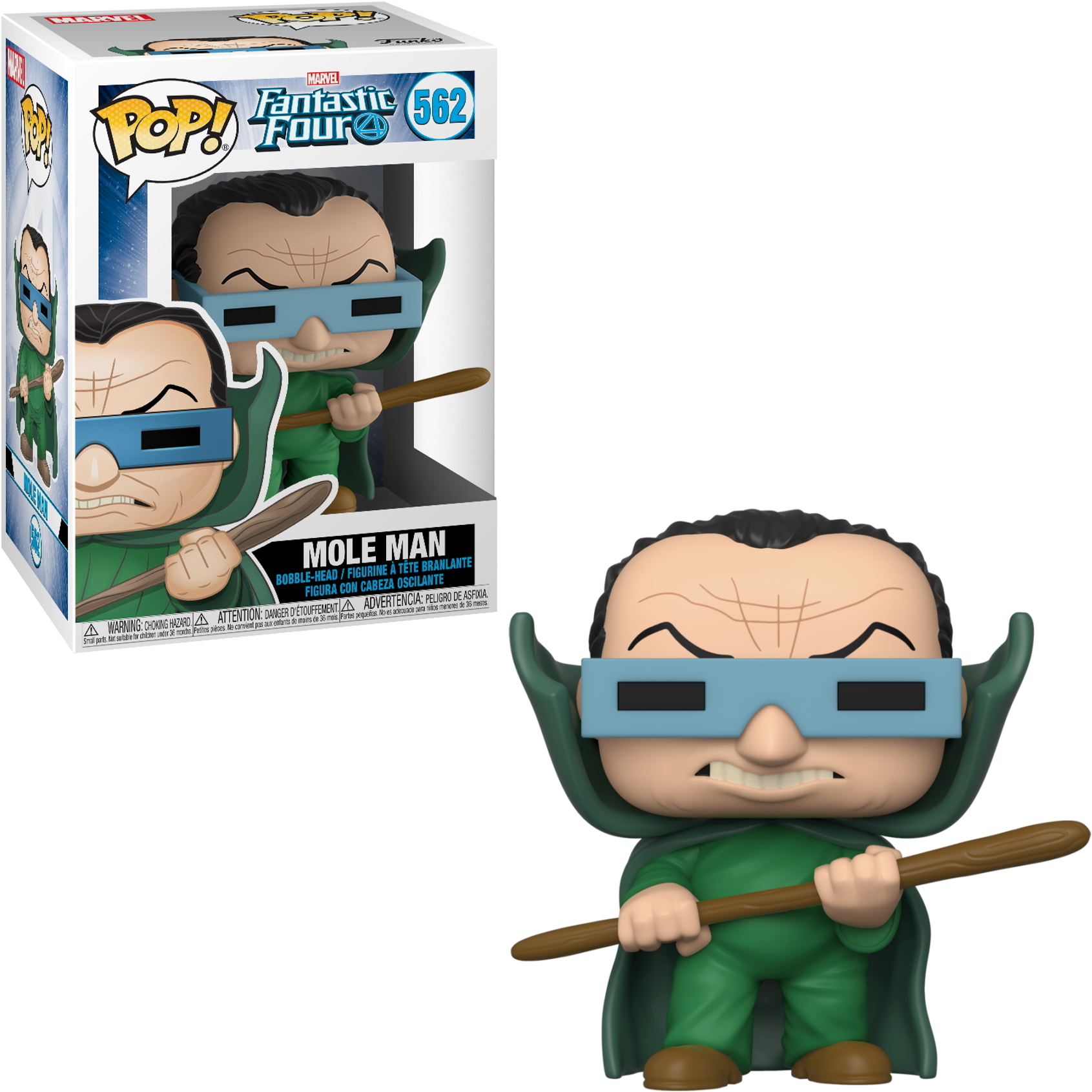 Figurka Mole Man Funko Pop w pudełku, z figurką trzymającą drewnianą laskę.