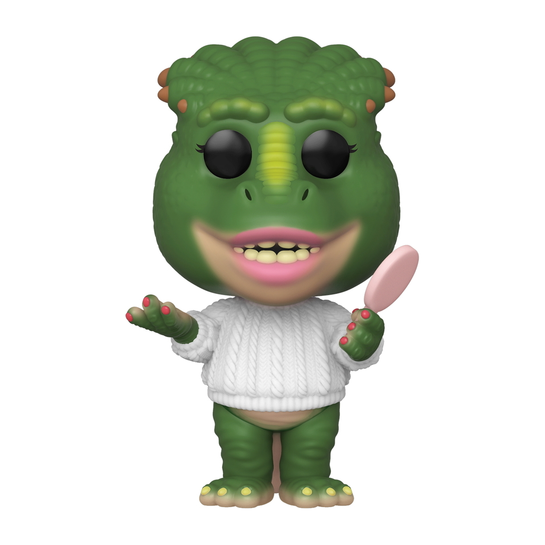 Funko Pop eines grünen Dinosauriers, der einen Spiegel hält und einen weißen Pullover trägt.