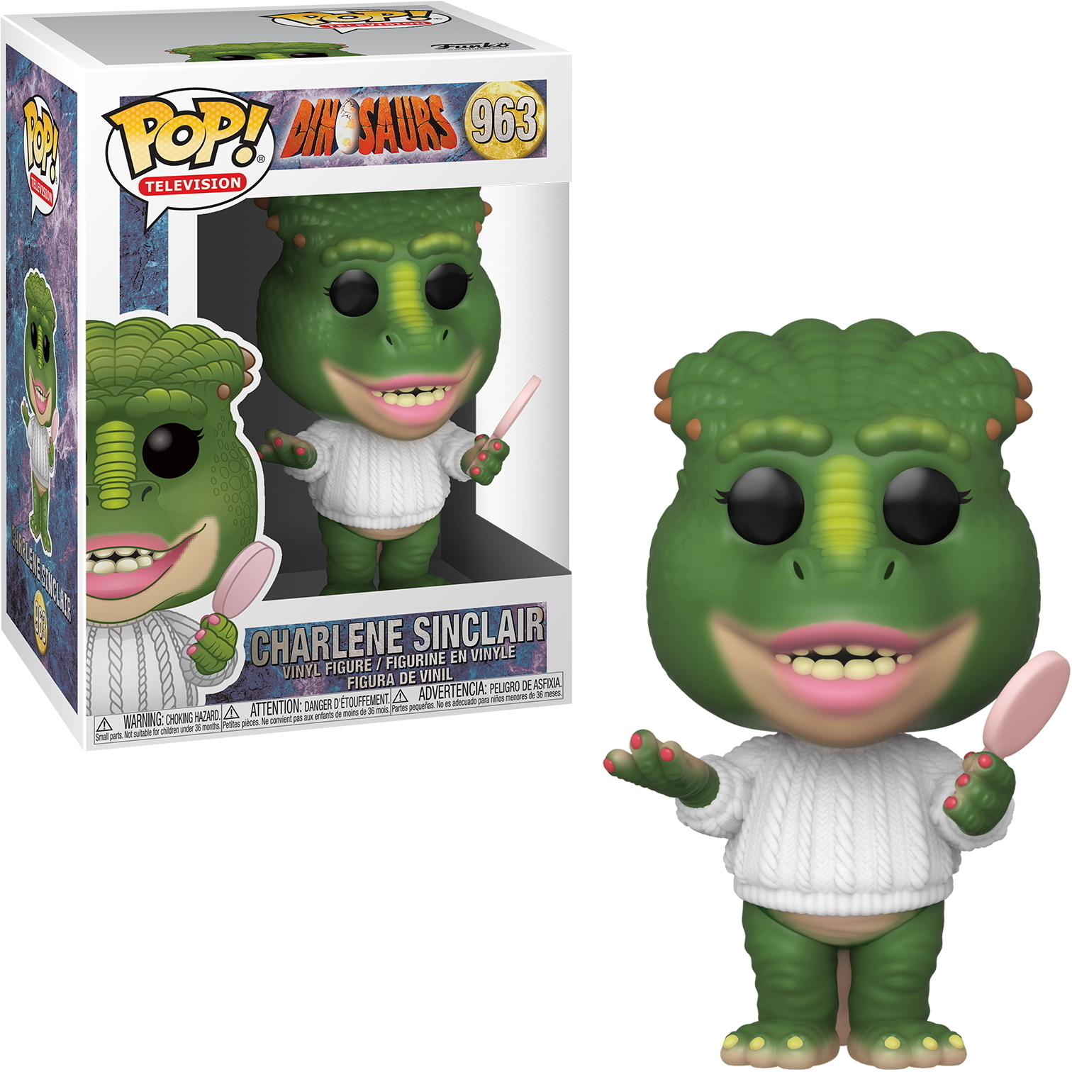 Charlene Sinclair Funko Pop Figur von Dinosaurs, trägt einen weißen Pullover, hält einen Spiegel.