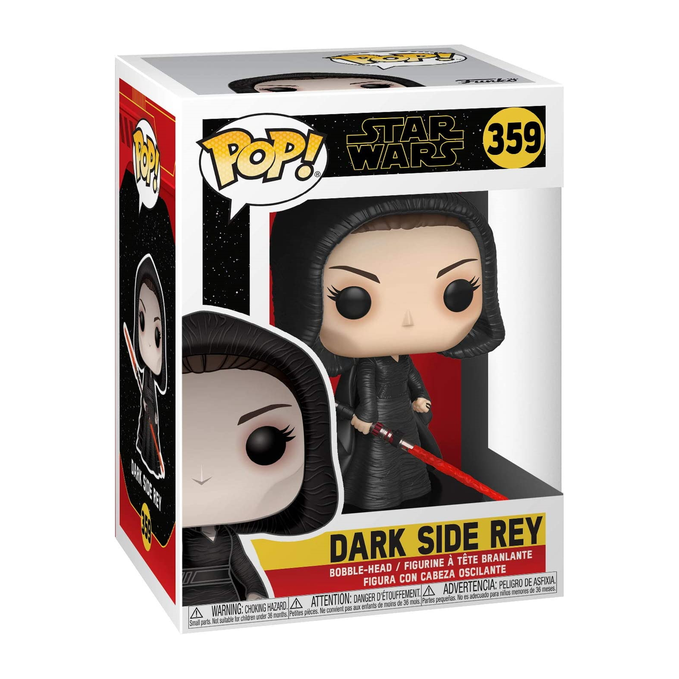 Figura di Dark Side Rey Pop! in scatola. Figura con cappuccio nero, che tiene una spada laser rossa.