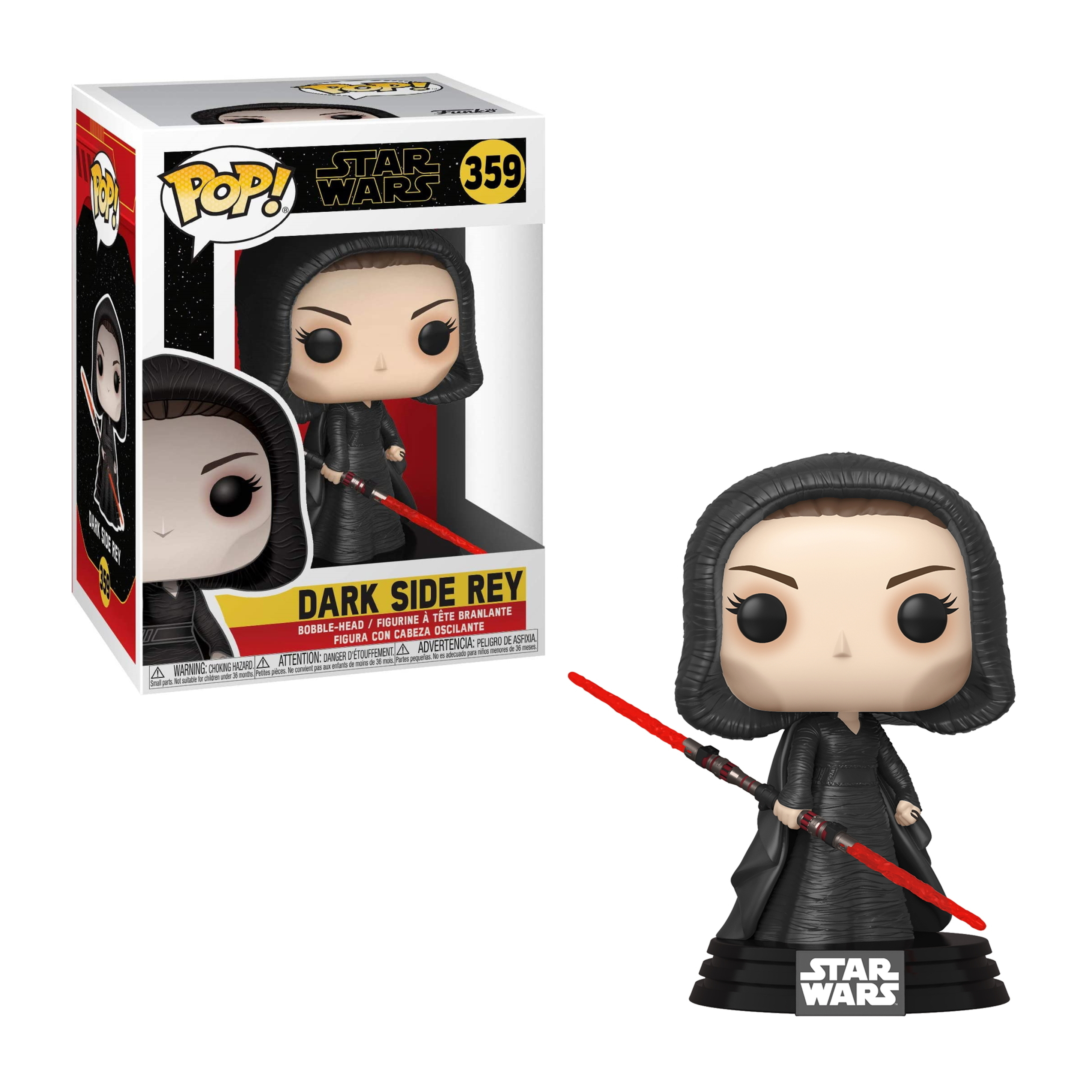 Figura Pop di Dark Side Rey, tunica nera con cappuccio, spada laser rossa, base scura.