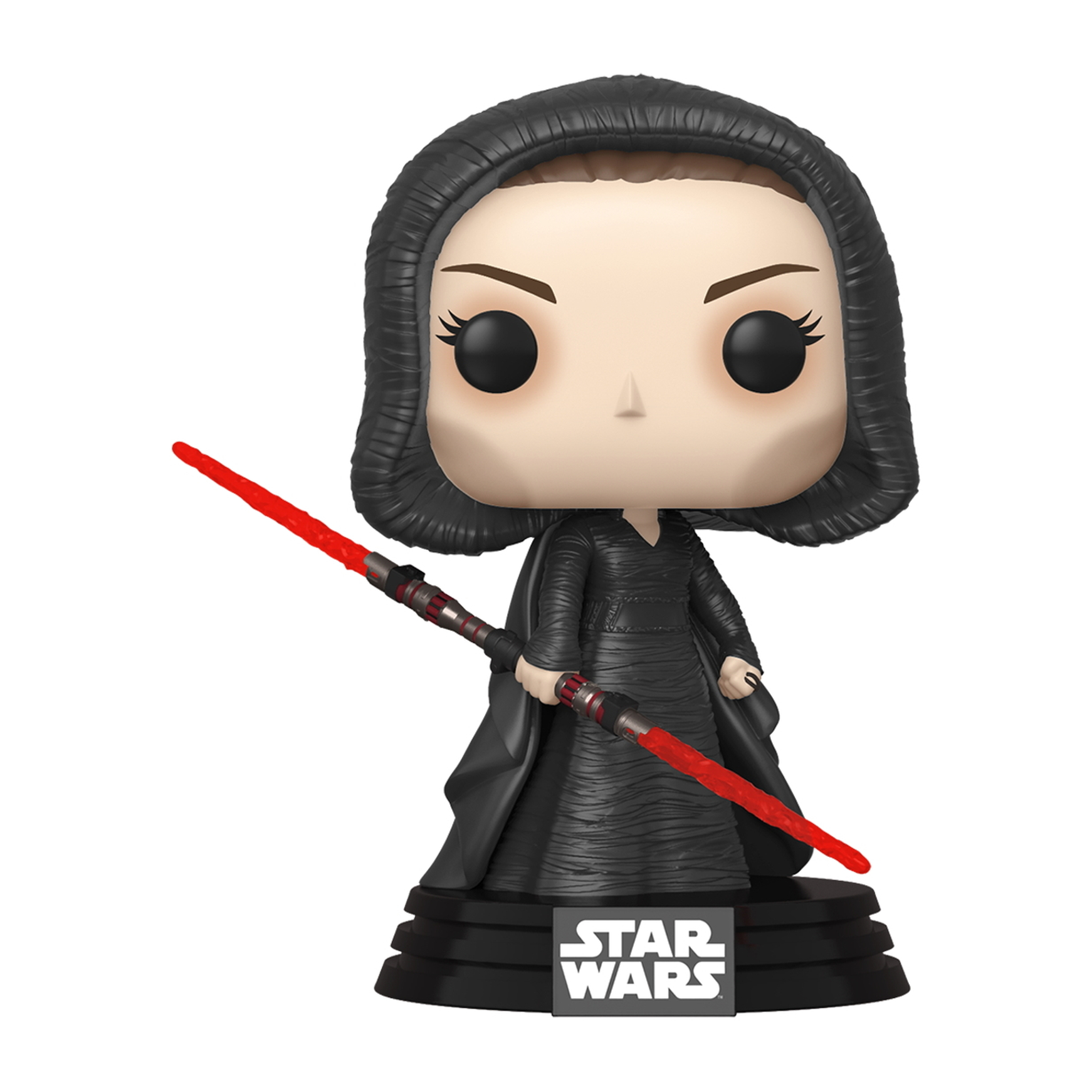 Figura Funko Pop di una donna in abito nero con una spada laser rossa. Base Star Wars.