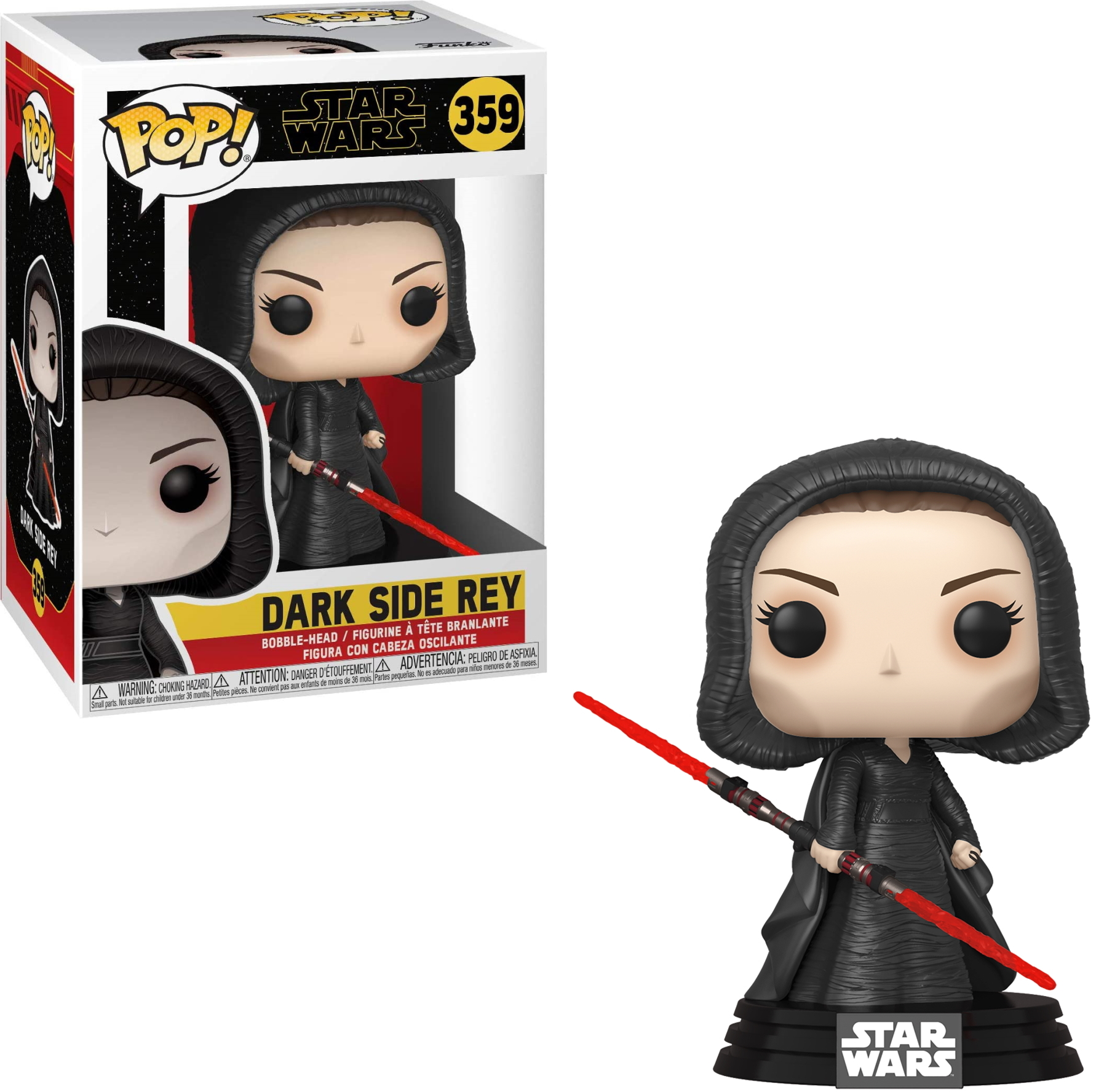 Funko Pop di Dark Side Rey con tunica nera con cappuccio, con una spada laser rossa. Scatola visibile.