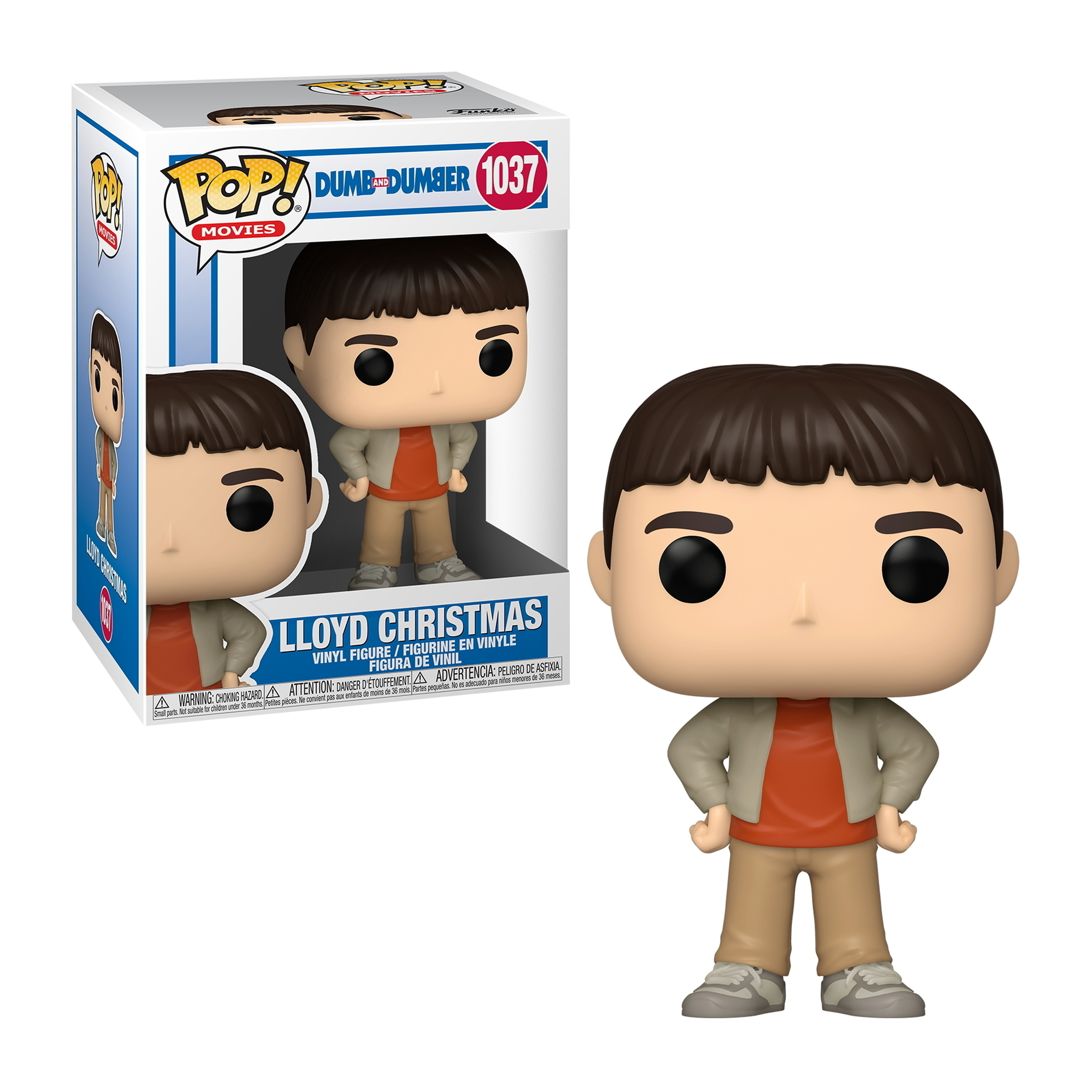 Lloyd Christmas Figur mit braunen Haaren, orangefarbenem Hemd und khakifarbener Hose. Box-Bild enthalten. Die Figur steht.