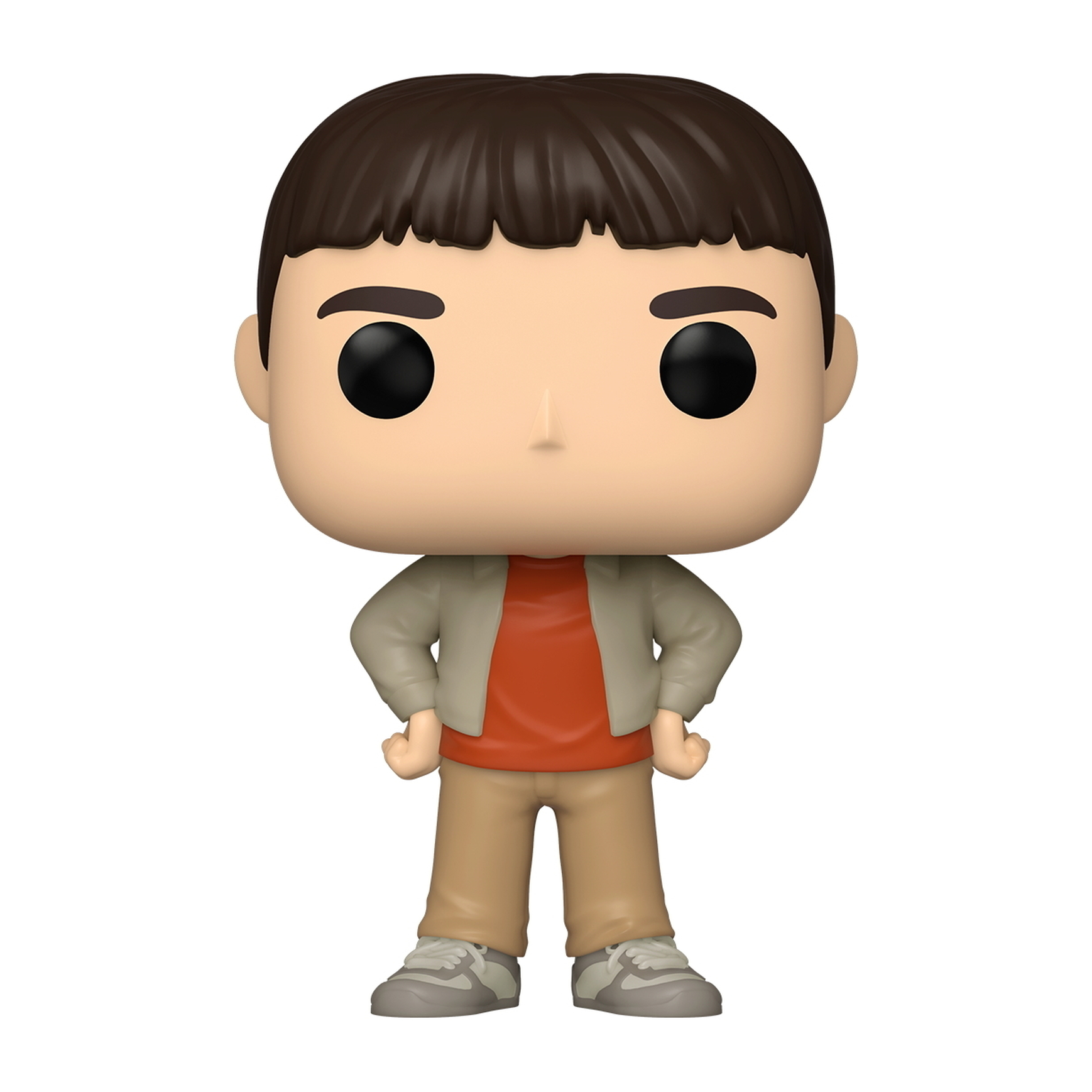 Dumb von Dumm und Dümmer, mit einem orangefarbenen Hemd und grauer Jacke. Funko Pop.