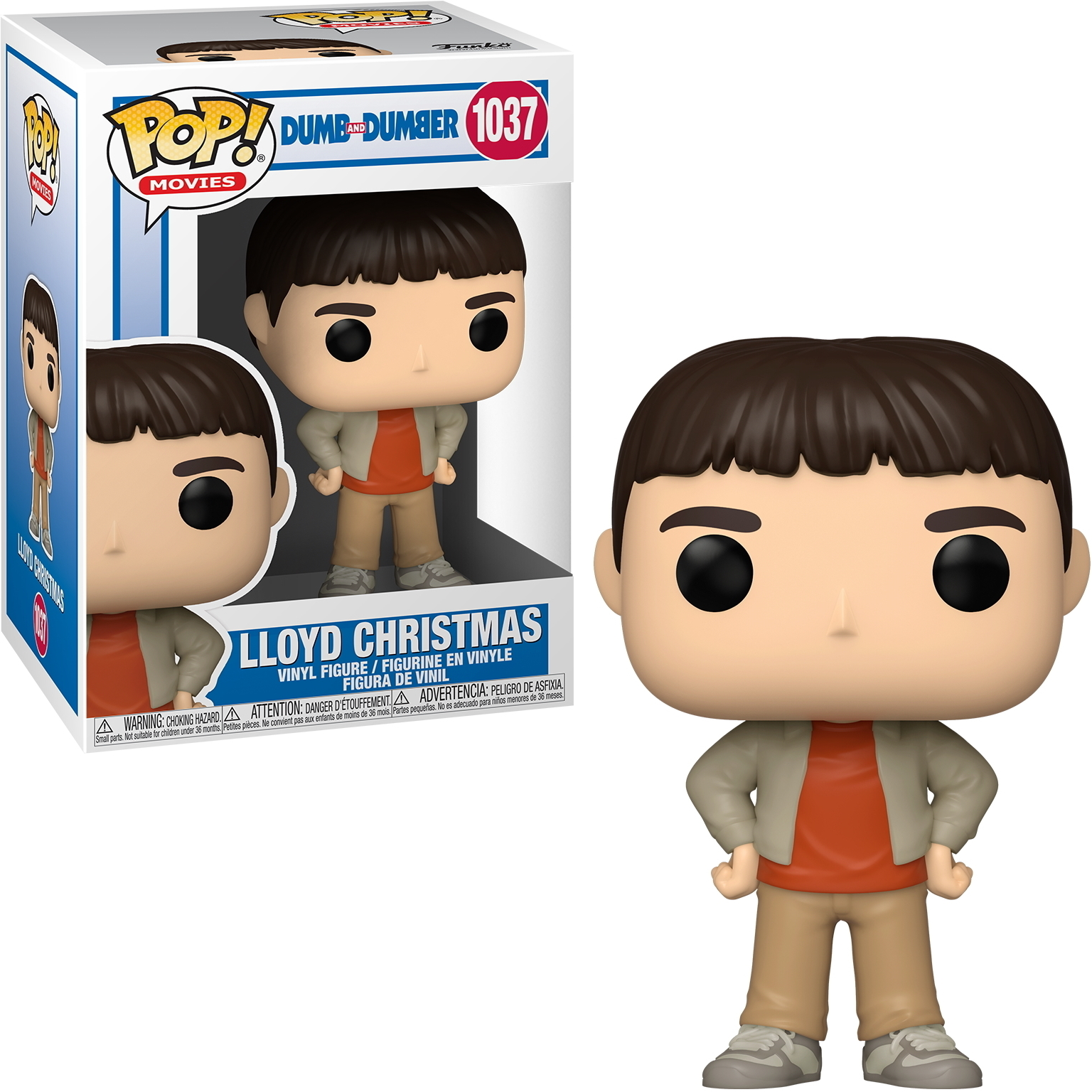 Lloyd Christmas Figur in orangefarbenem Hemd, beiger Hose, grauer Jacke. Box zeigt.