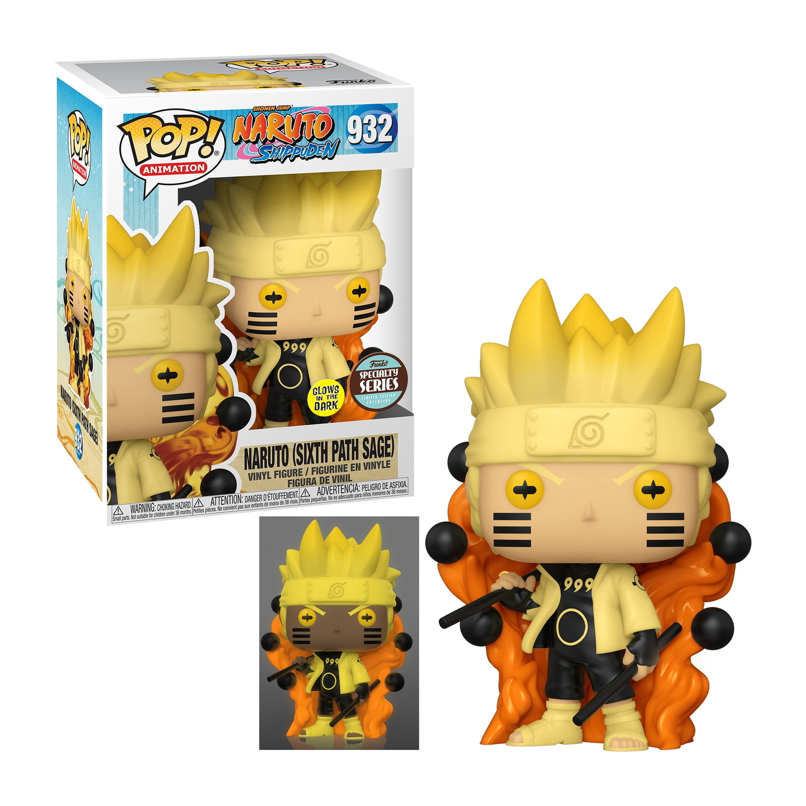 Figura Funko Pop di Naruto Saggio dei Sei Sentieri, con un abito giallo e arancione, con una scatola.
