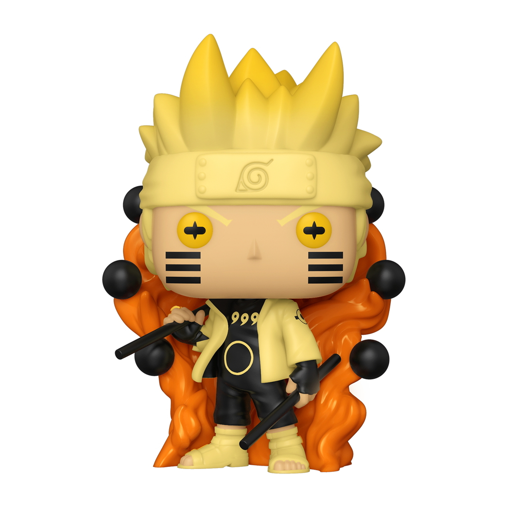Figura Naruto Funko Pop con capelli gialli, code arancioni, in mano armi nere, su sfondo bianco.