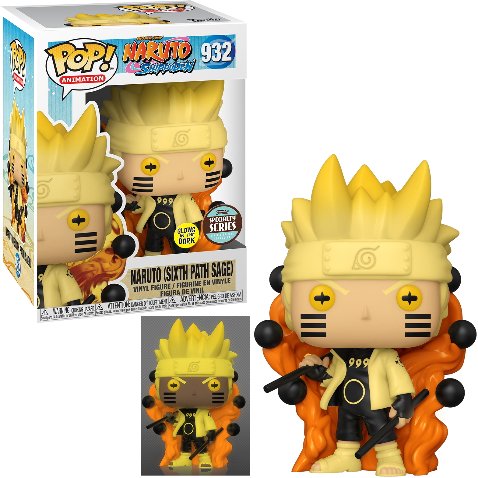 Funko Pop di Naruto, con capelli gialli, code arancioni e segni neri sul viso.