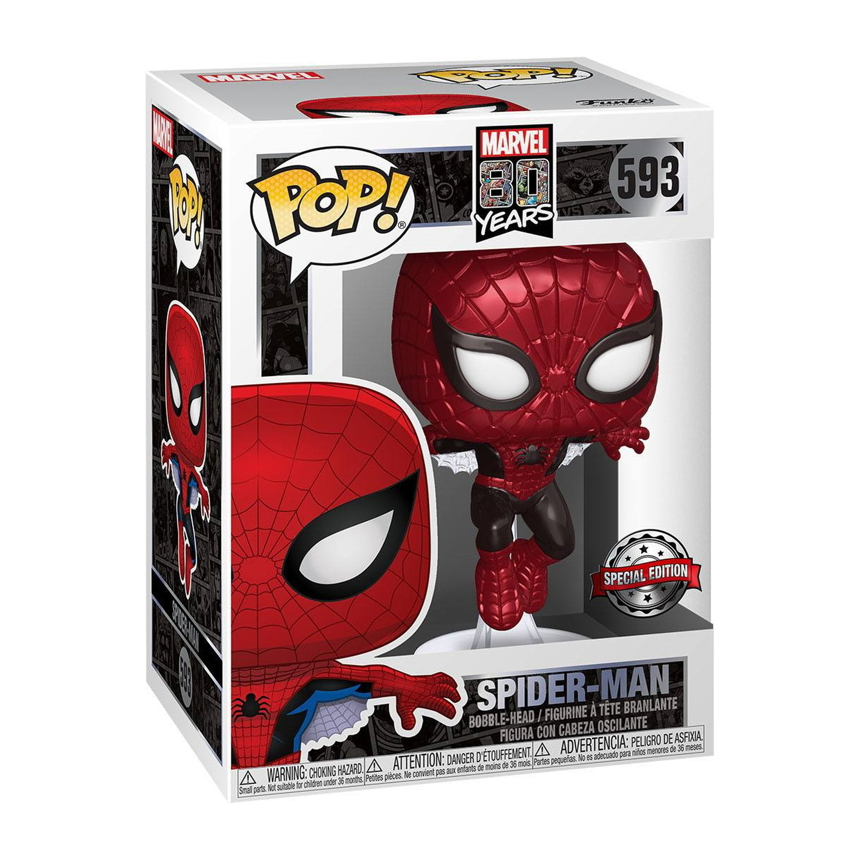 Spider-Man-Figur in einer Box. Roter und schwarzer Anzug, Wackelkopf-Stil. Weißer Hintergrund und Box.