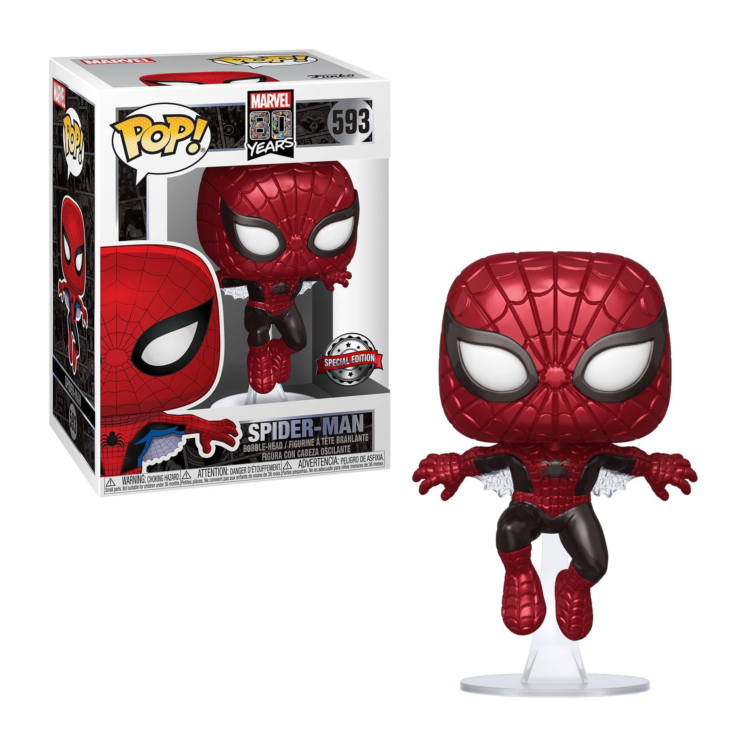 Spider-Man Figur mit rotem und schwarzem Anzug, in einer Flugpose. Klare Basis.