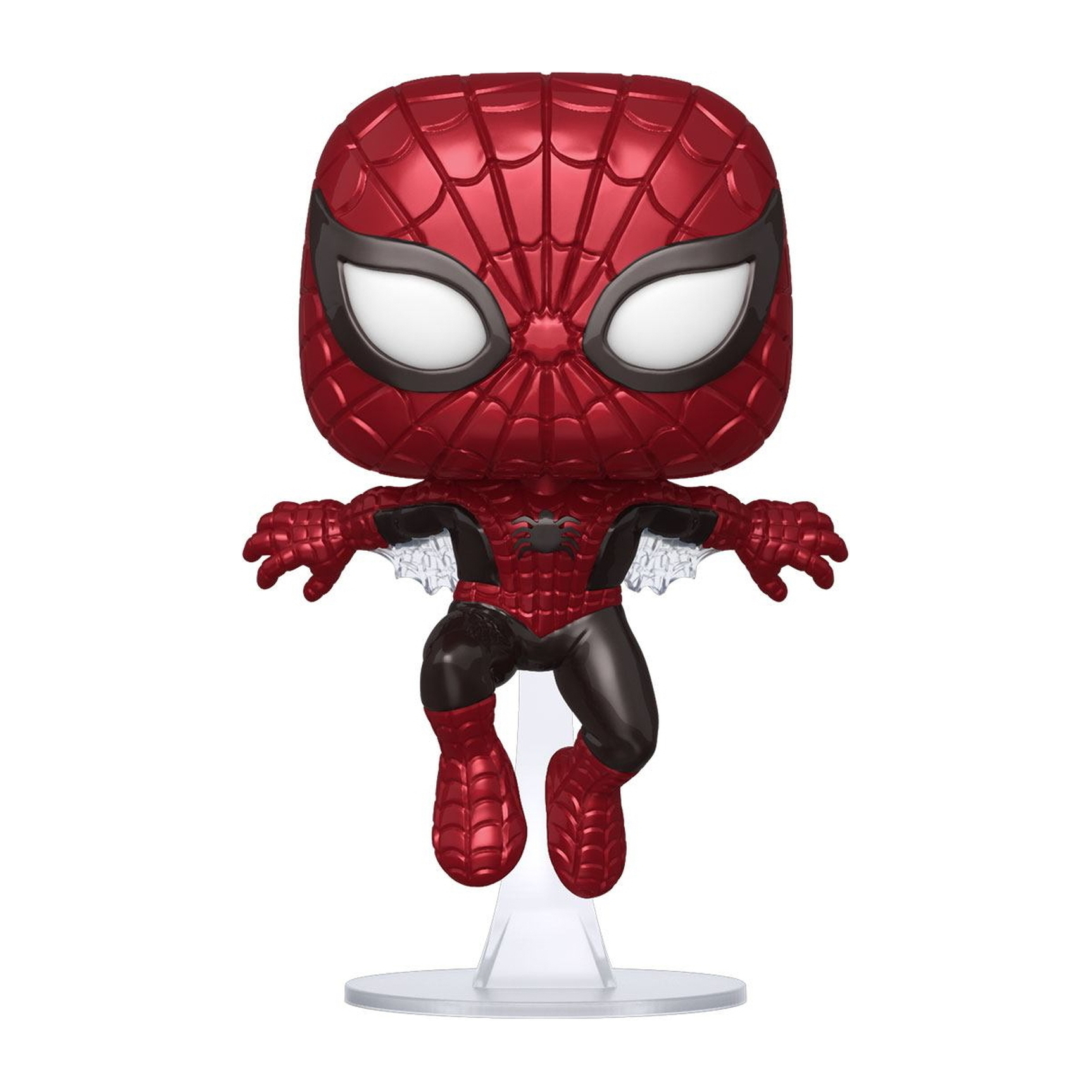 Spider-Man-Figur in Flugpose, mit rotem und schwarzem Anzug, durchsichtigem Ständer.