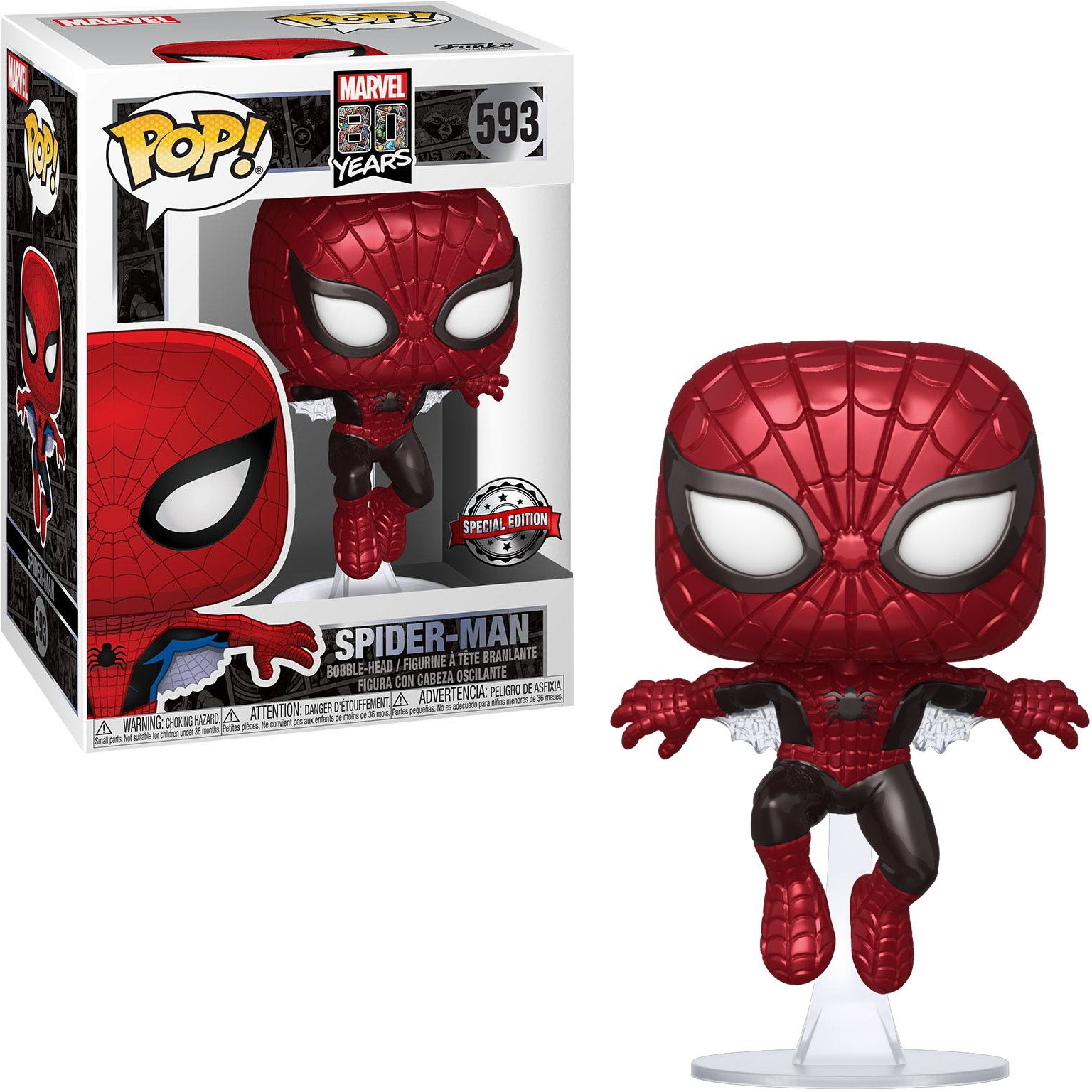 Spider-Man Funko Pop-Figur in einer Box. Rote und schwarze Spider-Man-Figur auf einem Ständer.