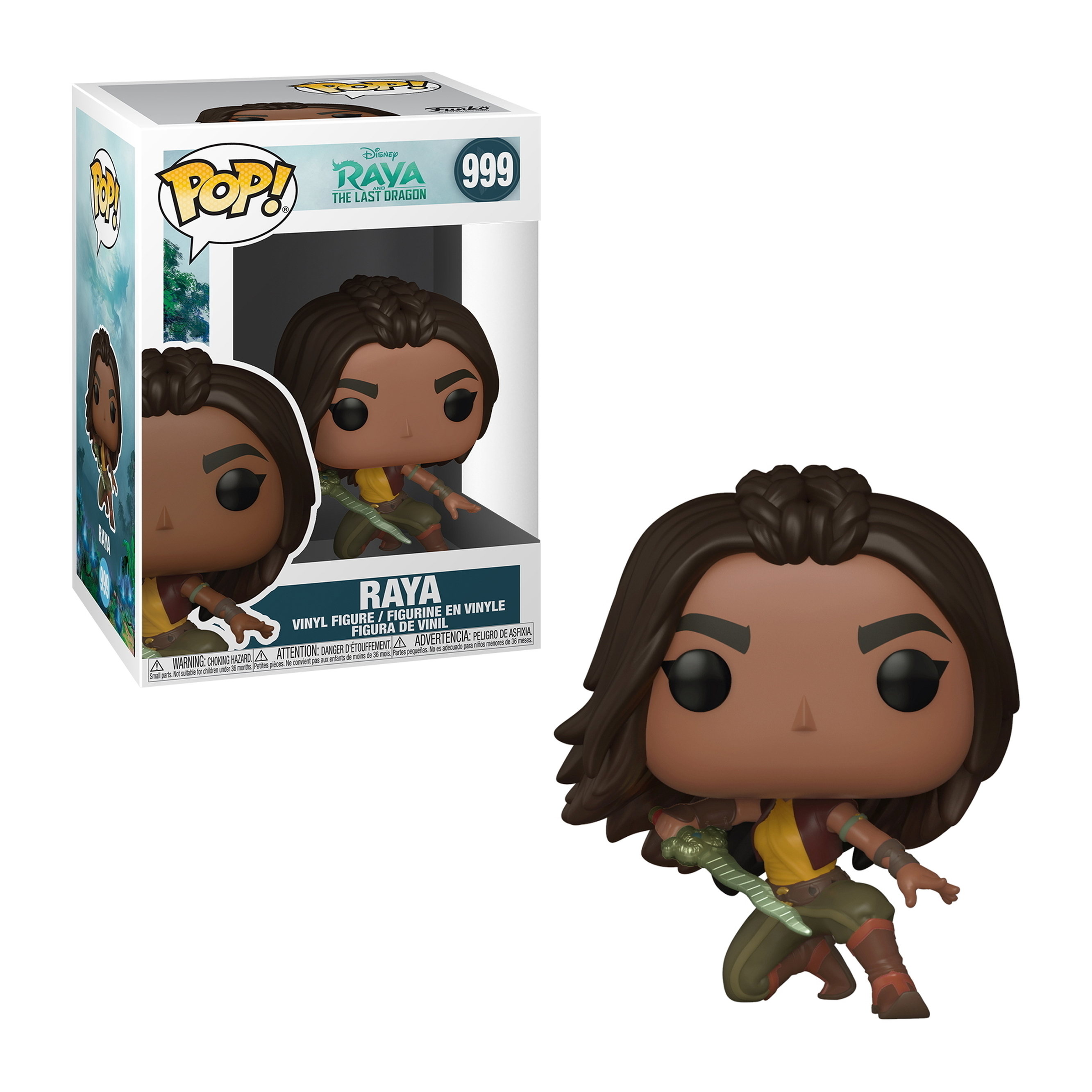 Raya Funko Pop Figur hält ein Schwert. Sie hat braunes Haar, ein gelbes Oberteil und braune Hosen.