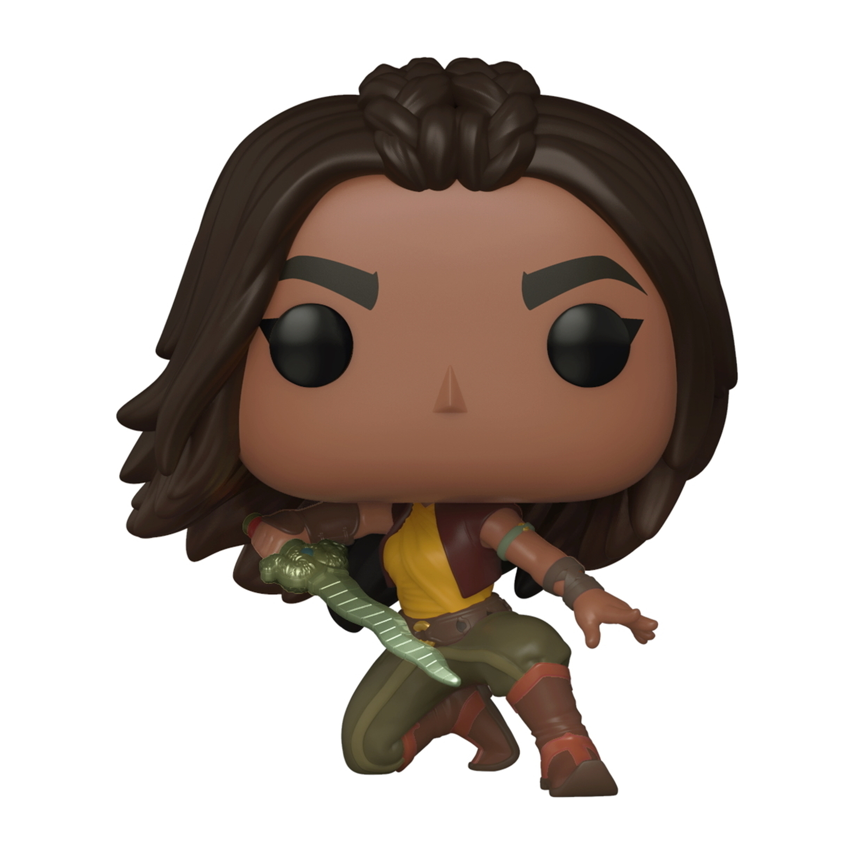 Raya Funko Pop Figur, hält Schwert, trägt gelb-grünes Outfit.