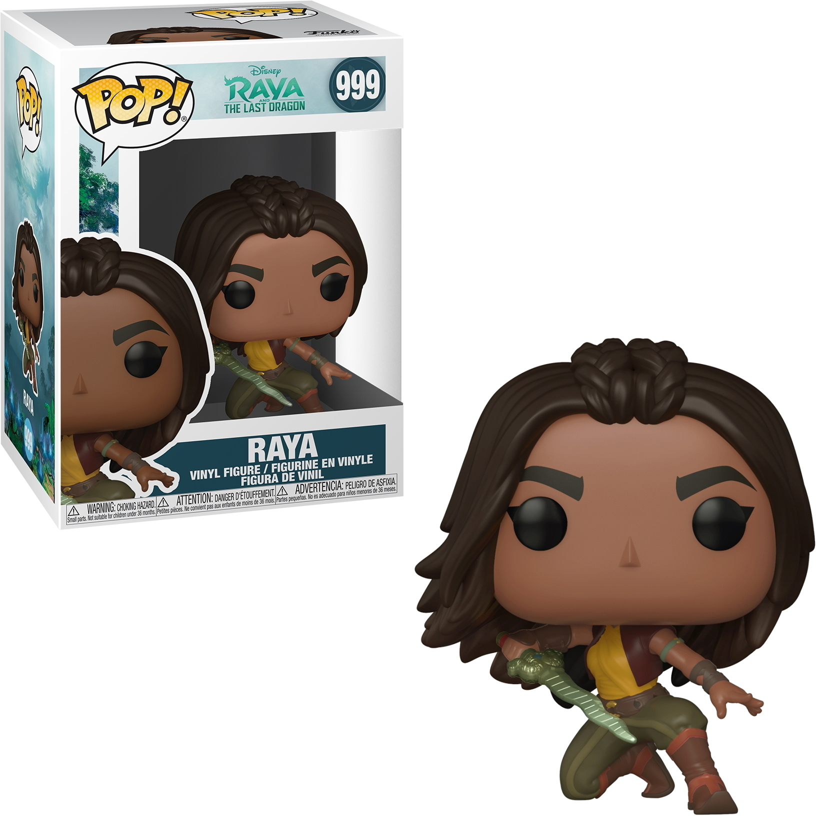 Funko Pop von Raya aus Raya und der letzte Drache, die ein Schwert hält und in Kampfpose ist.