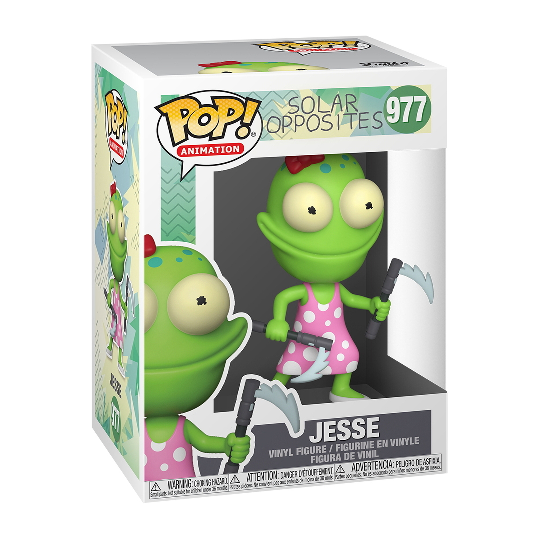 Jesse Figur in einer Box. Grüner Alien in rosa Kleid mit Sicheln. Solar Opposites Logo auf der Box.