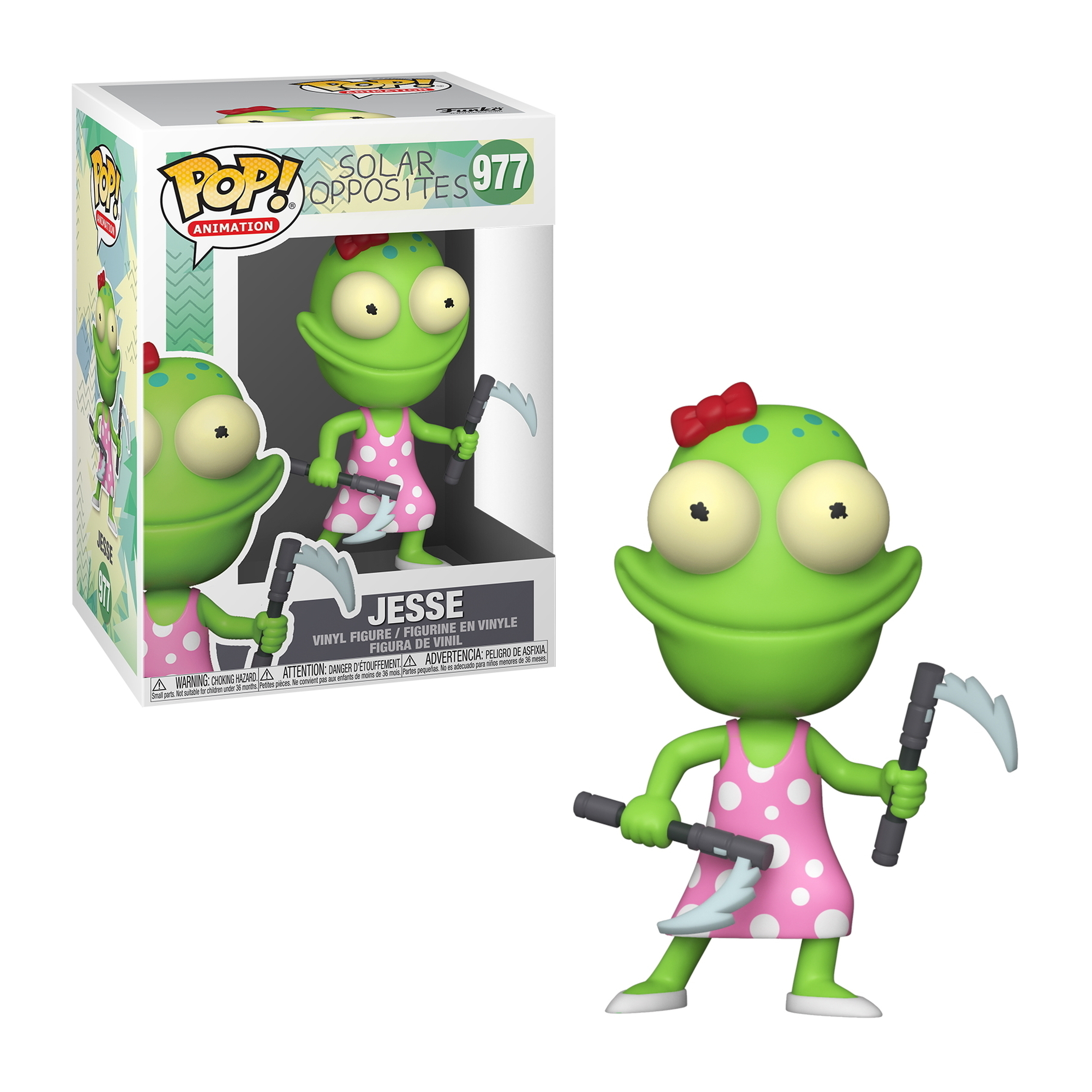Funko Pop Figur von Jesse aus Solar Opposites, trägt ein rosa Kleid und hält zwei Sicheln.
