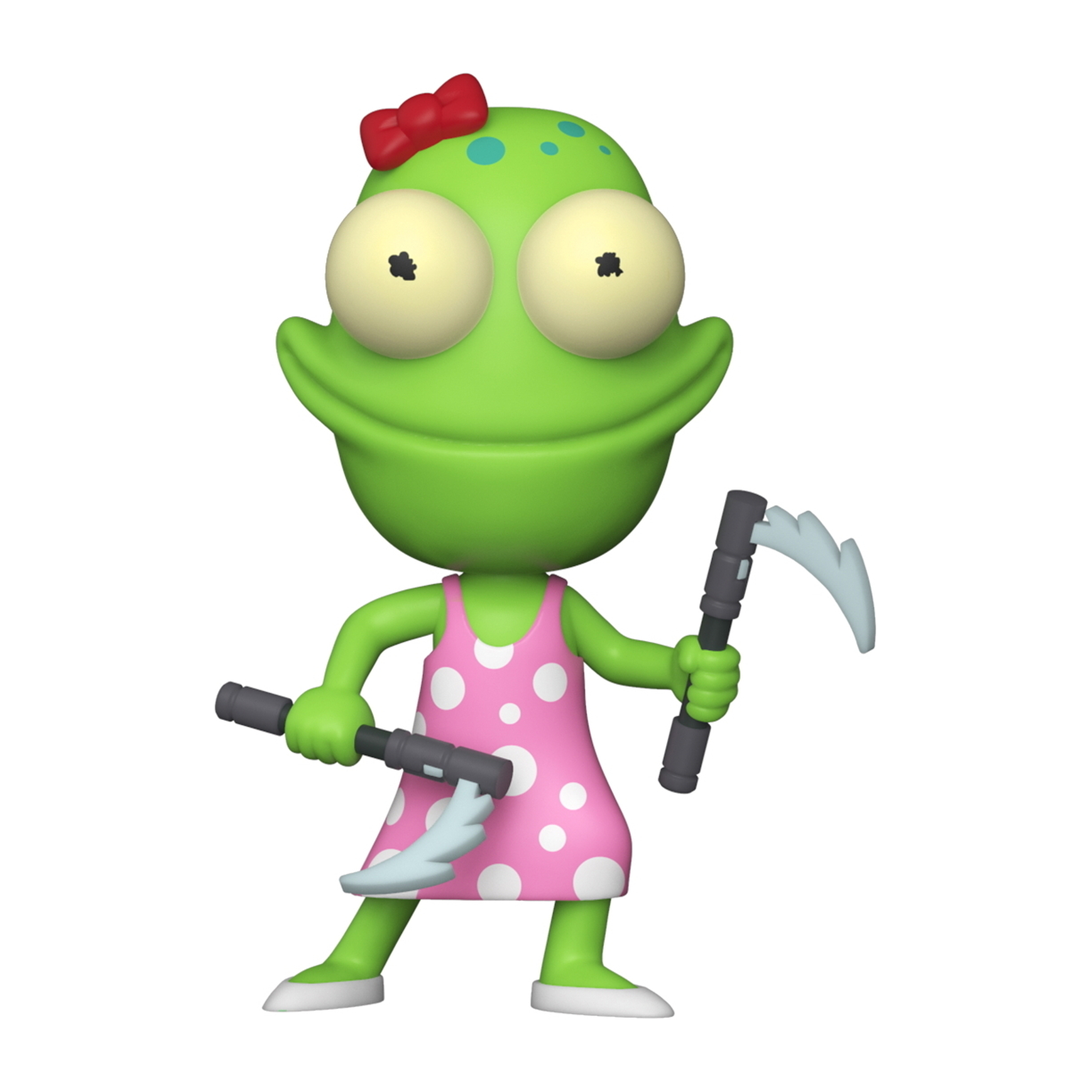 Eine grüne, froschartige Figur mit roter Schleife, die zwei Sicheln hält und ein rosa Kleid mit weißen Punkten trägt.