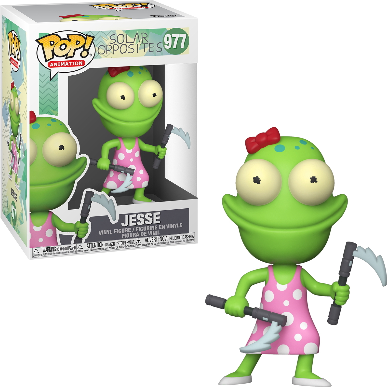 Jesse von Solar Opposites Funko Pop Figur. Er ist grün, trägt ein rosa Kleid und hält zwei Sicheln.
