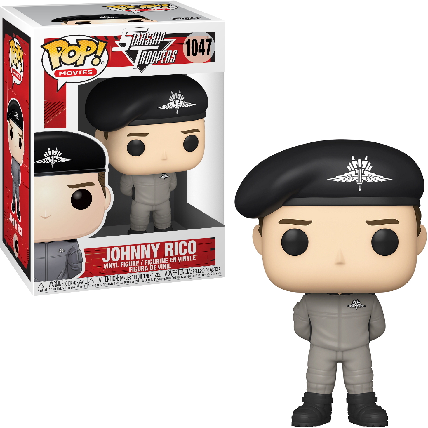 Johnny Rico Figur in grauer Uniform mit schwarzem Barett. Box zeigt gleiche Figur.