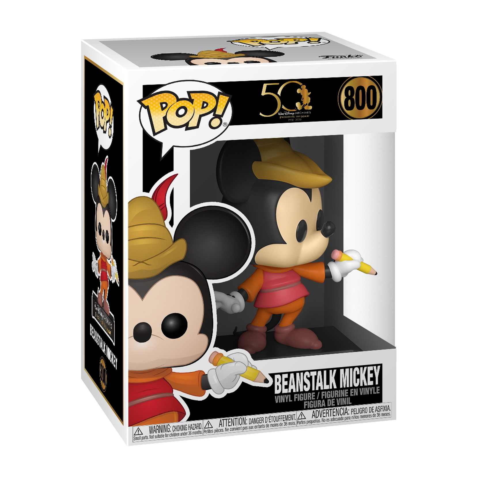 Eine Beanstalk Mickey-Figur in einer Box. Mickey trägt eine rote Tunika mit gelber Hose und hält einen Bleistift.