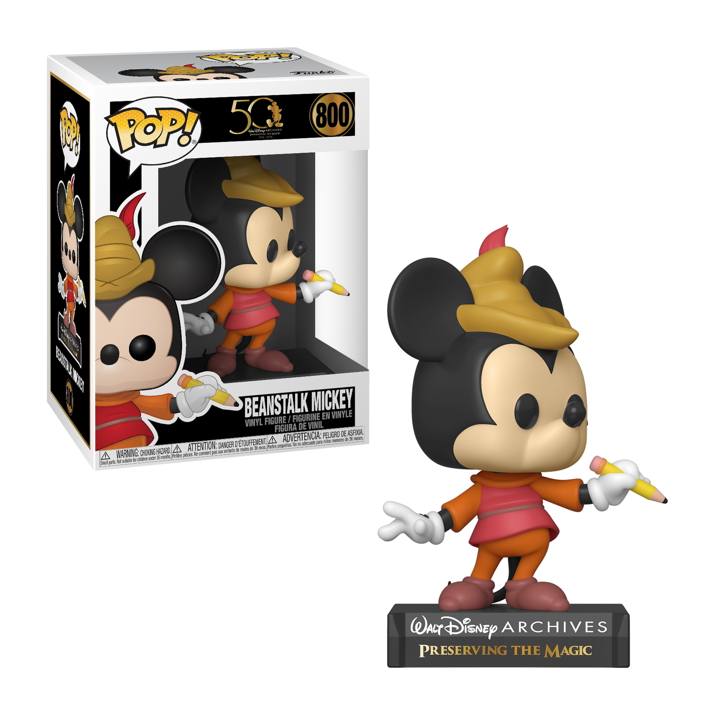 Beanstalk Mickey Pop-Figur, die einen Bleistift hält, in einer Box.