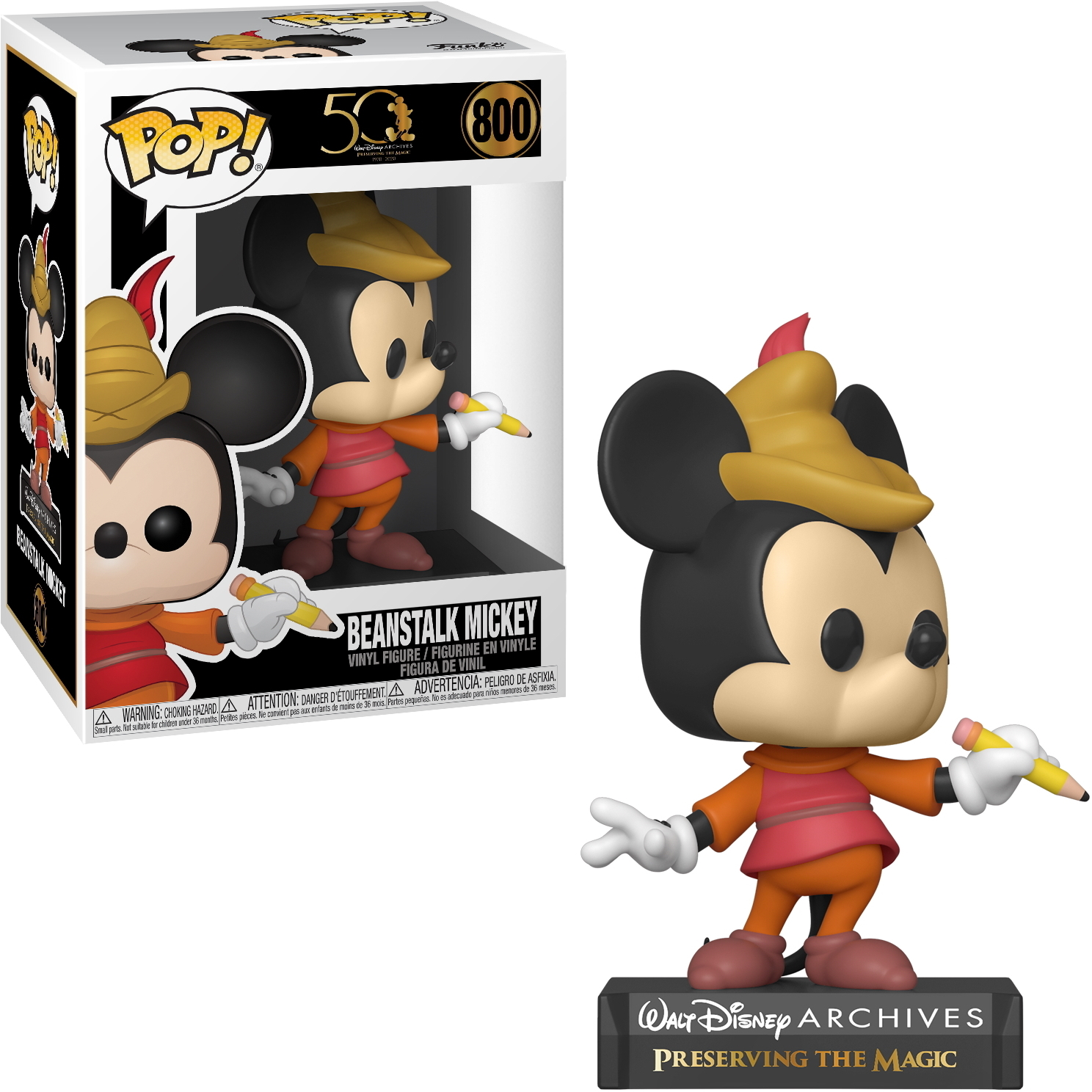 Mickey Mouse Figur mit braunem Hut und orangefarbenem Hemd, der einen Bleistift hält, mit einer Box im Hintergrund.