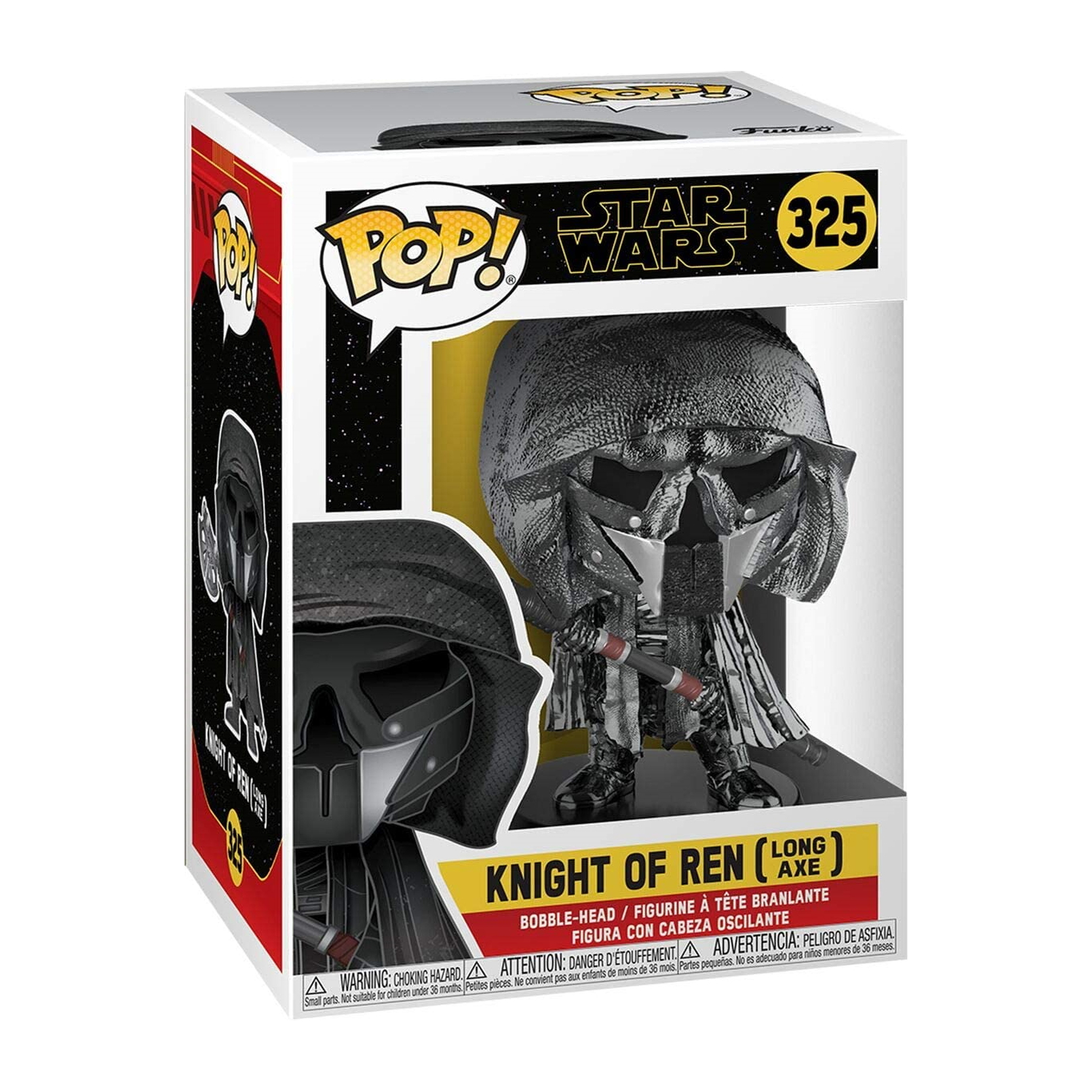 Knight of Ren Funko Pop Figur in einer Box, trägt einen schwarzen Helm. Box hat Star Wars und Pop! Logo.